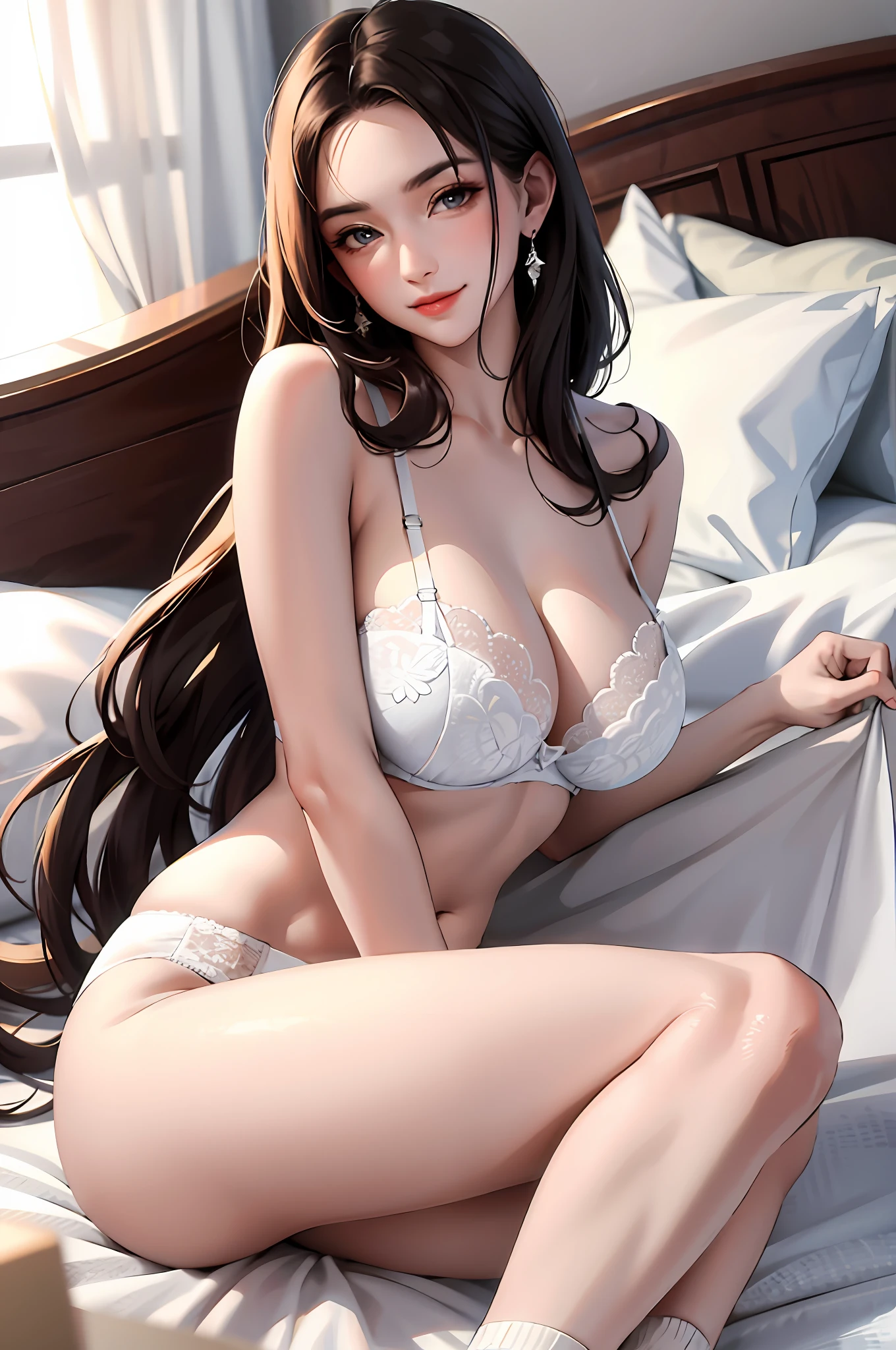 (Masterpiece: 1.2, highest quality), (real photo, fine details), one woman, alone, one bra, big breast, one panties, short gloves, casual, long hair, simple makeup, white socks, close-up, smile, family, lying on the bed, holding face in both hands, looking at the camera, warm tones, extreme details, extreme seduction)