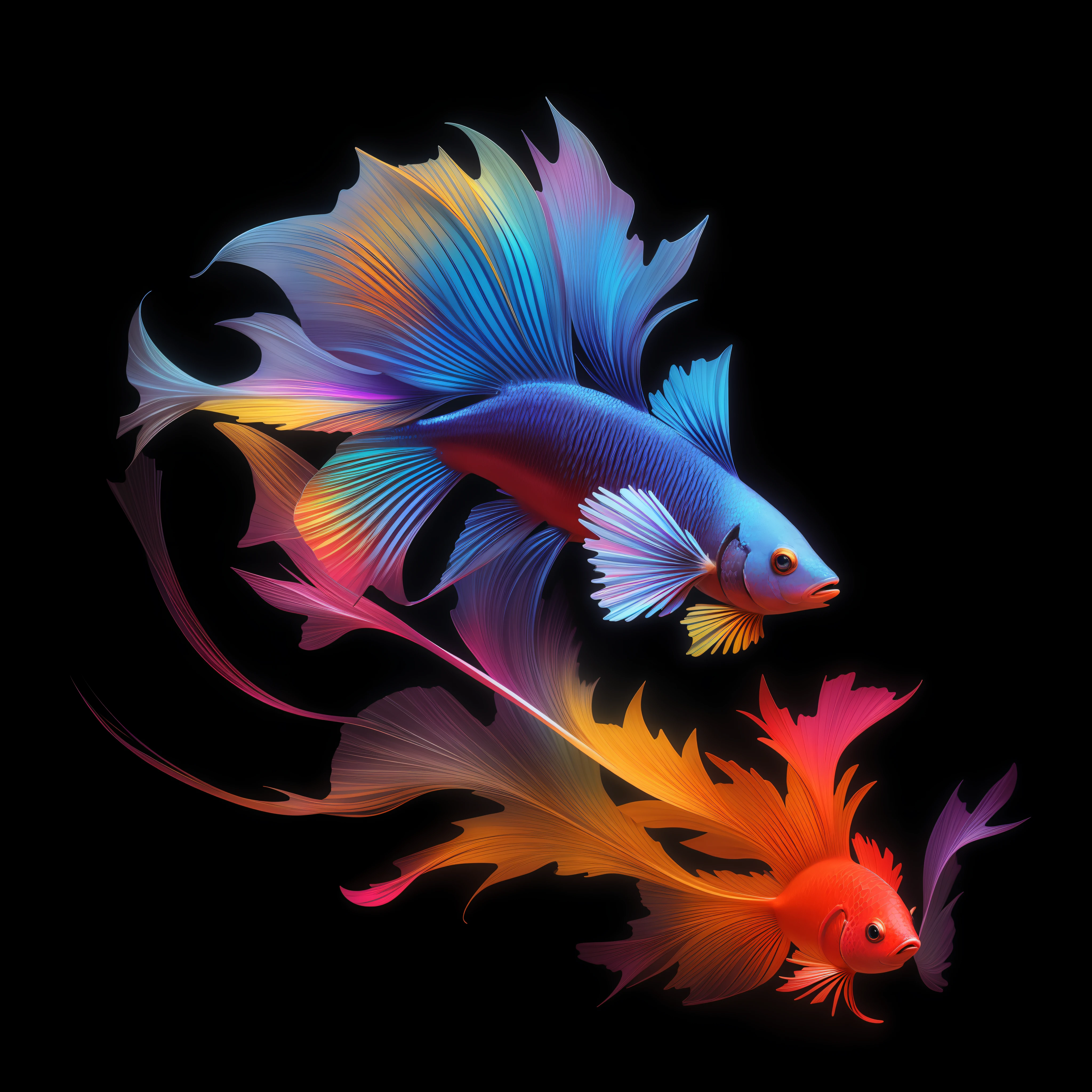 brightly colored fish with a black background, betta fish, beautiful digital artwork, 3d digital art 4k, colorful fish, gorgeous digital art, exotic fish, amazing digital art, stunning digital illustration, 4k highly detailed digital art, beautiful digital art, cinema 4d colorful render, detailed digital 3d art, 3d render digital art, highly detailed digital art