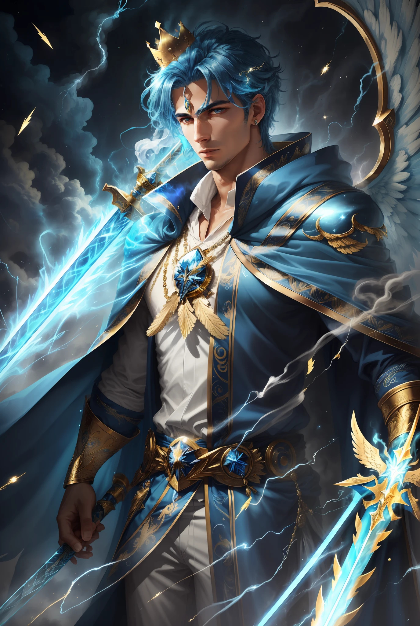 Masterpiece, top quality, blue hair, blue lightning, pointing the finger at yourself. Magic. Another world. Blue smoke billows. Handsome. Handsome man. Cool. A man in his 20s. Eyes that glow blue. Blue thunder. Suit. Airborne particles. Cloak. Necklace. Robe of feathers. A large sword with a blue pattern. Gold feather robe. Gold crown with diamonds. God. Diamond crown. Wings of gold. Angel wings. Blue lightning coming out of the eyes. Long sword. Large wings. Splattering blue crystals. Crown. Crown. Crystals around.