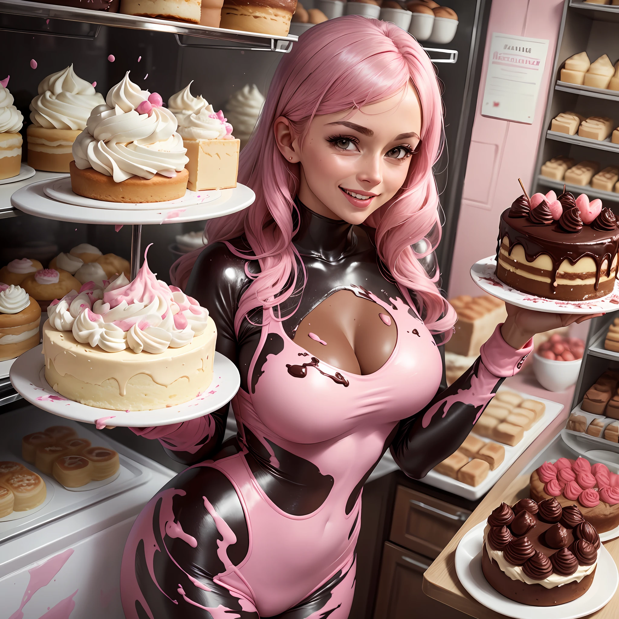 There is a woman standing in a bakery setting, with many creamy cakes all around her on tables and trays. The woman is wearing a pink, tight catsuit with splatters of cream and chocolate all over it and laughing while looking mischievously at the observer.