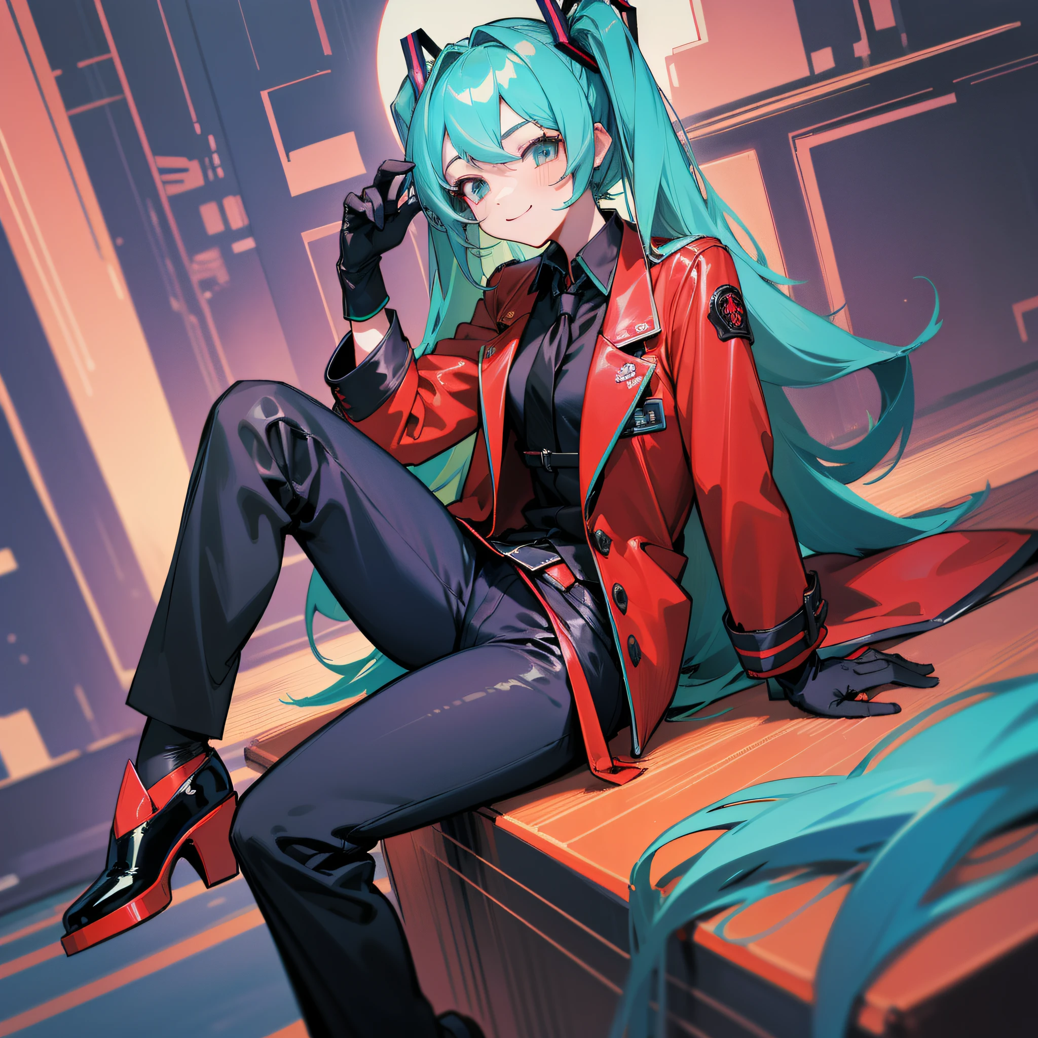 ((Best Quality, 8K, Masterpiece: 1.3)), 1girl, Hatsune Miku, Long hair, double tails, black sunglasses, single, moon, sitting, black tie, blue hair, black pants, cosplay, red jacket, smile, black gloves, red jacket, red suit, formal, long hair, aqua green hair, black gloves, synthwave, red jacket, red suit, red jacket, leather shoes