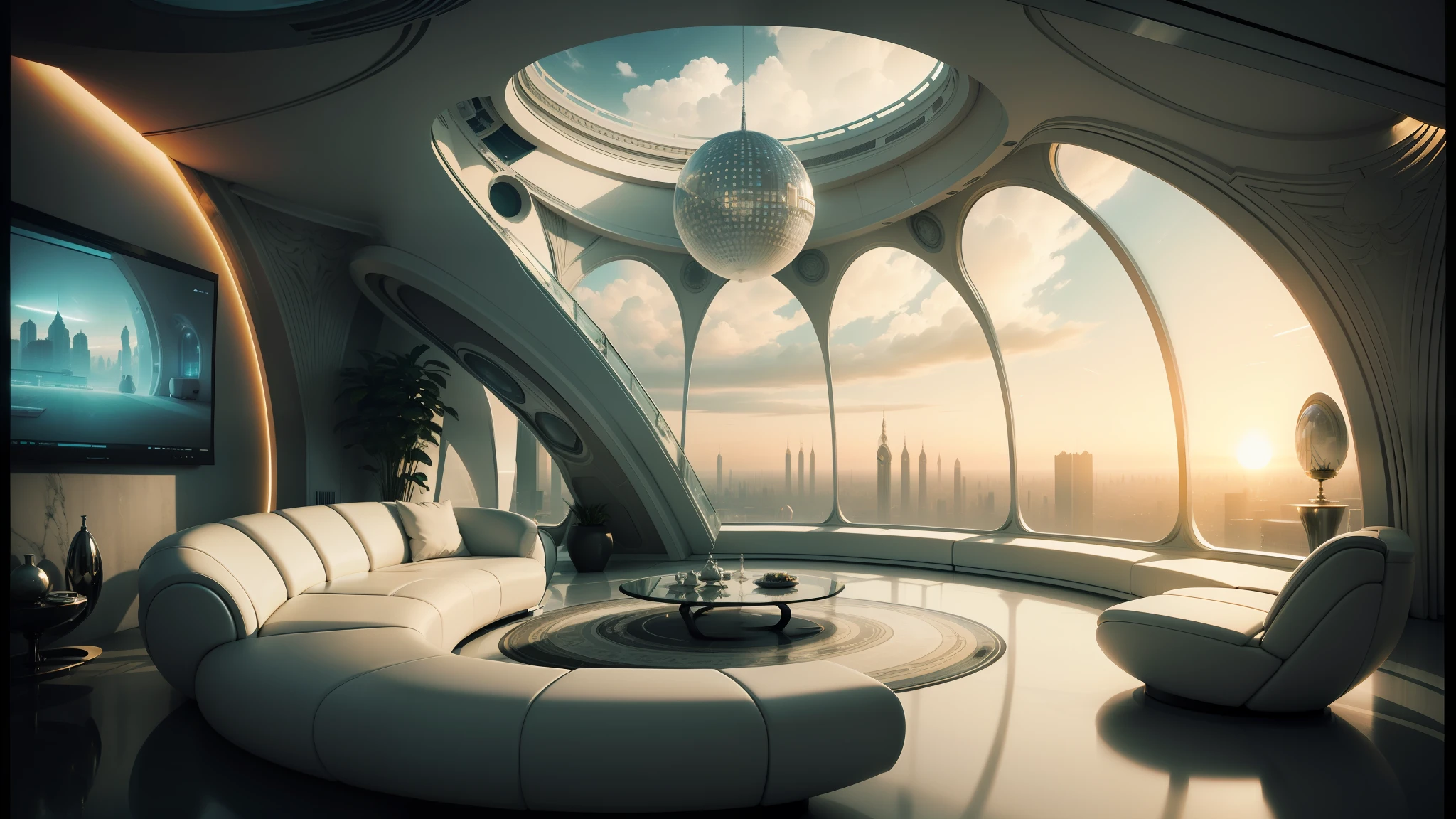 there is a large white couch in a room with a large window, futuristic looking living room, futuristic room, retro futuristic apartment, futuristic interior, futuristic room background, futuristic decor, futuristic utopian architecture, detailed futuristic architecture, futuristic persian palace, futuristic architectural art, futuristic house, futuristic palace, ultra - futuristic architecture, futuristic. game cg, futuristic dome --auto --s2