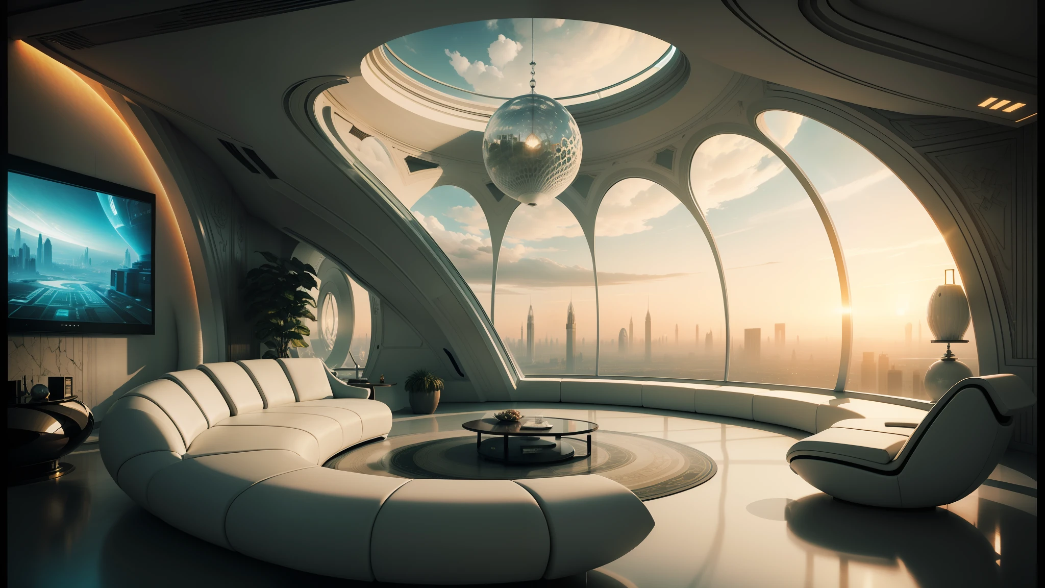 there is a large white couch in a room with a large window, futuristic looking living room, futuristic room, retro futuristic apartment, futuristic interior, futuristic room background, futuristic decor, futuristic utopian architecture, detailed futuristic architecture, futuristic persian palace, futuristic architectural art, futuristic house, futuristic palace, ultra - futuristic architecture, futuristic. game cg, futuristic dome --auto --s2