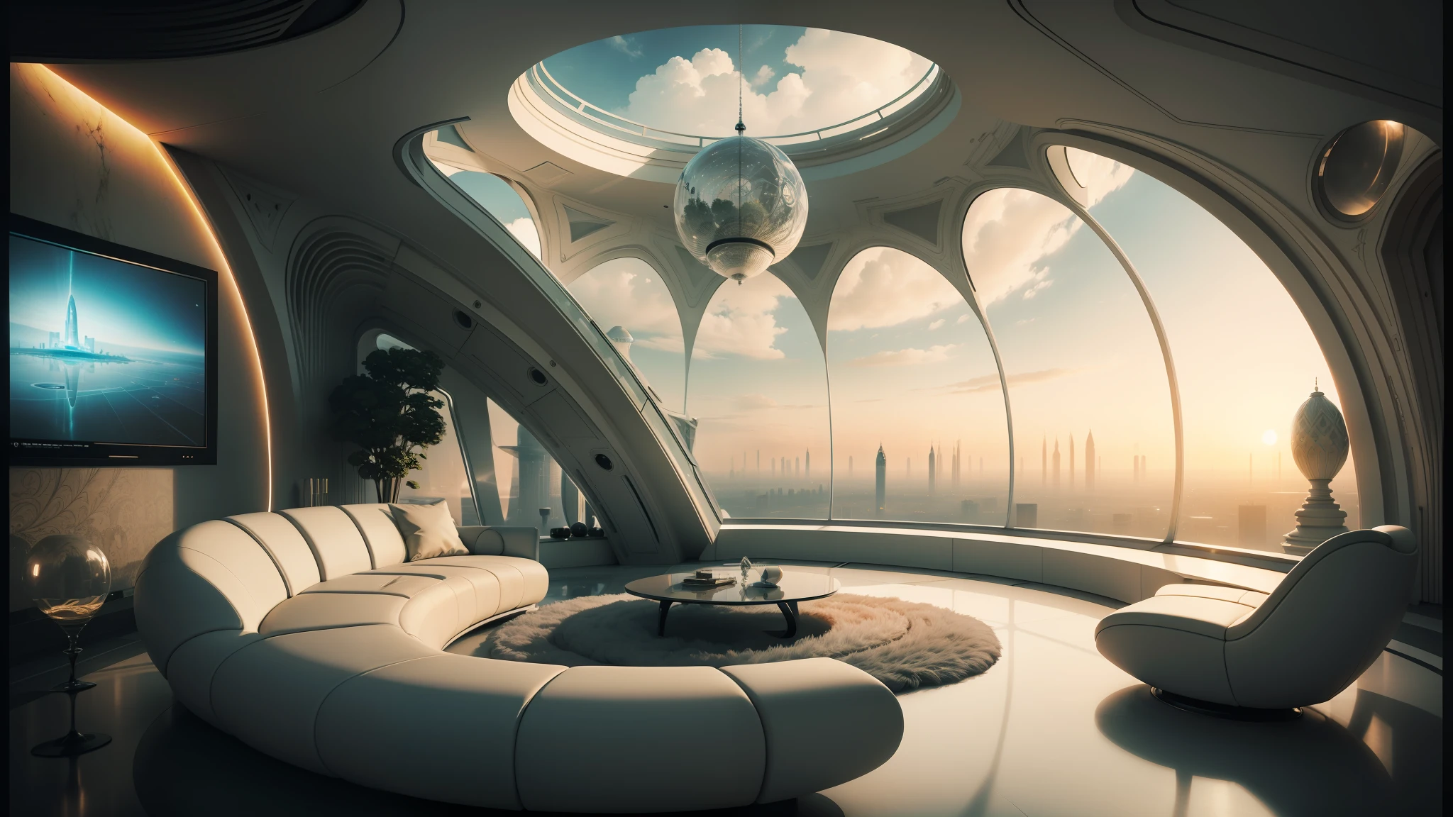 there is a large white couch in a room with a large window, futuristic looking living room, futuristic room, retro futuristic apartment, futuristic interior, futuristic room background, futuristic decor, futuristic utopian architecture, detailed futuristic architecture, futuristic persian palace, futuristic architectural art, futuristic house, futuristic palace, ultra - futuristic architecture, futuristic. game cg, futuristic dome --auto --s2