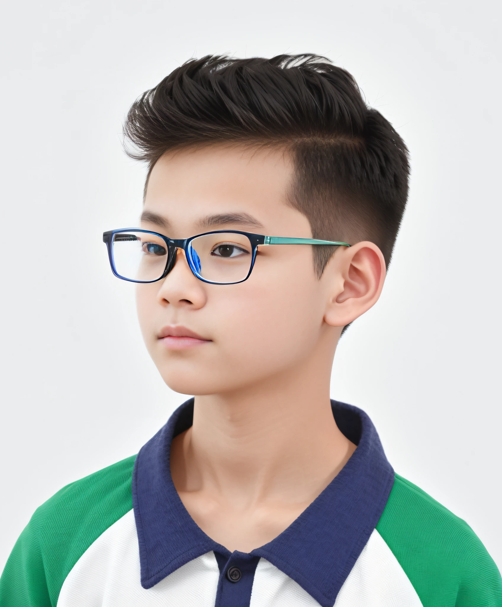 there is a young boy wearing glasses and a green and white shirt, blue rimmed glasses, yanjun chengt, full lenght view. white plastic, wearing square glasses, wearing medium - sized glasses, wearing thin large round glasses, with glasses, wearing black frame glasses, with glasses on, small glasses, high quality portrait, wearing eyeglasses,