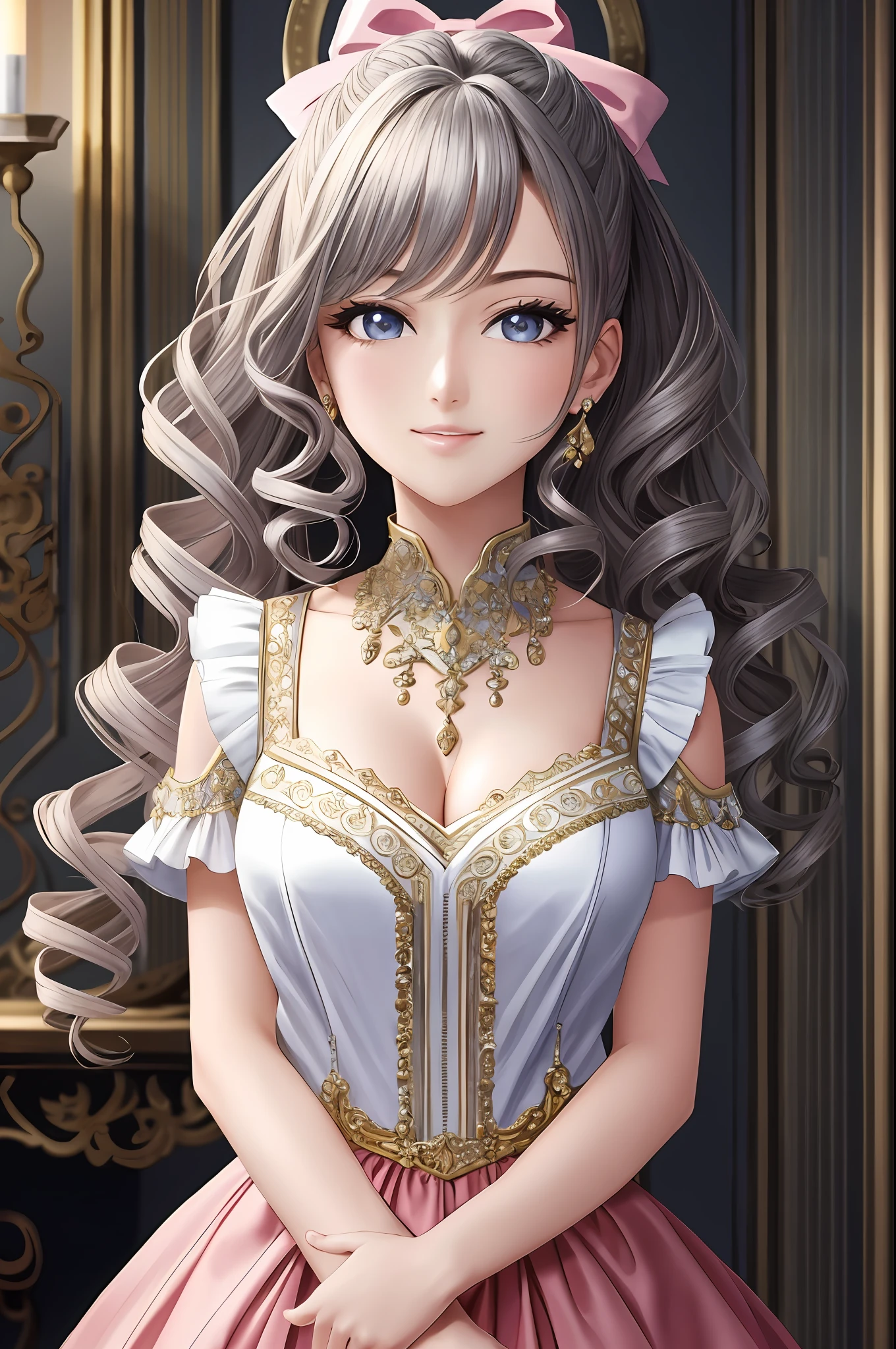 Illustration, anime style, (masterpiece, top quality, super detail, high resolution), perfect face, beautiful eyes, smile, sidelights, shiny skin, (bloom), (shine), lighting, ray tracing, 1girl, solo, silver hair, black moisturized eyes, summer short sleeves, hair bow, pink skirt, bow, pink bow, lips, upper body, curly hair, chest, parted lips, jewelry, depth_of_ field, highly detailed background, highly detailed background, masterpiece, super detail, great composition,dynamic angle,[bottle bottom],(wide shot), very delicate and beautiful,(best quality), depth of field, solo, extreme light and shadow, masterpiece, rich in detail, (fine features), (best quality), (masterpiece), (detail), (beautiful) detail, Beautiful Detail Eye,(Straight On), Upper Body,(Very Detail CG Unity 8k wallpaper),(Masterpiece), (Best Quality), (Super Detail)(Best Illustration)(Best Shadow),Perfect Lighting,Perfect Anatomy