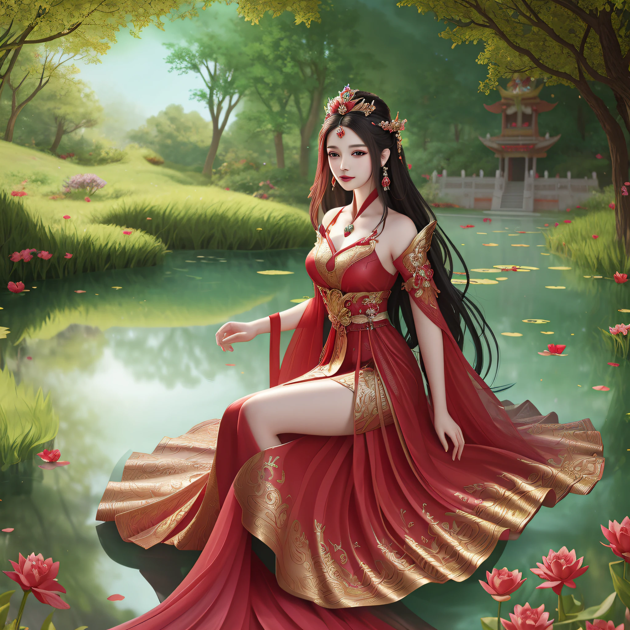 there is a woman in a red dress standing in a pond, beautiful fantasy maiden, beautiful fantasy art, fantasy art style, a beautiful fantasy empress, beautiful character painting, beautiful maiden, very beautiful fantasy art, beautiful digital artwork, a beautiful artwork illustration, digital fantasy art ), palace , a girl in hanfu, beautiful fantasy art portrait, ((a beautiful fantasy empress))