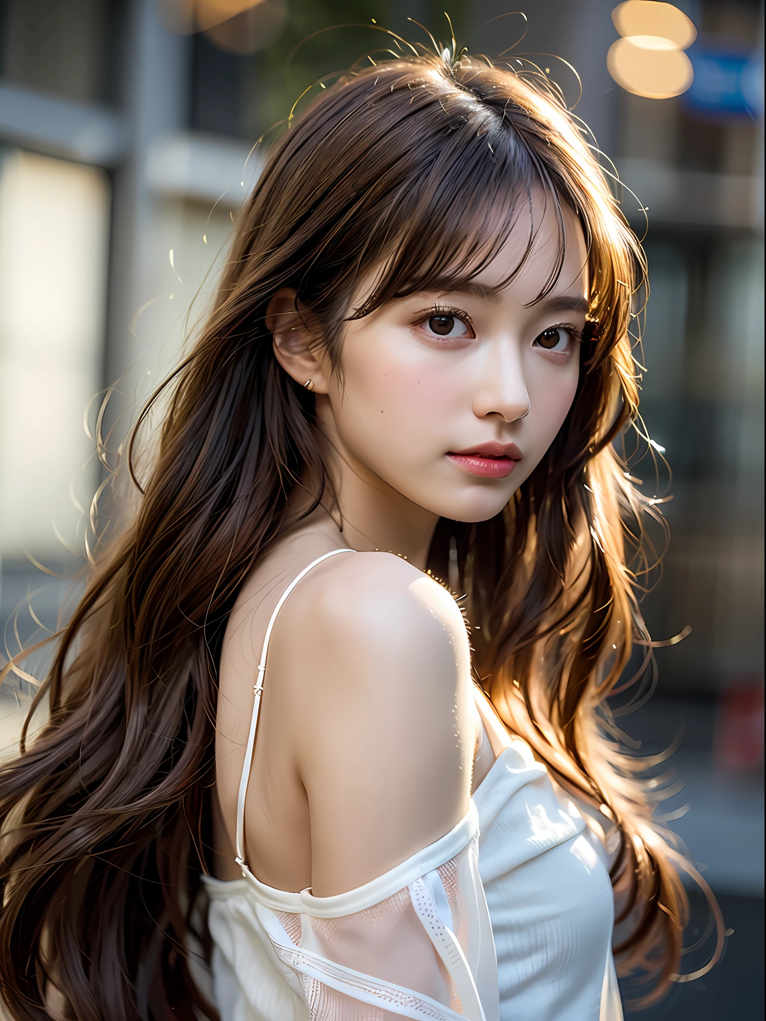 depth of field, lifelike, realistic, super detailed, beautiful, slender, cute, 30s, beautiful features, actress, mature, upper body, bright brown hair, thin hair, small face, live-action, highest quality, very elaborate CG Unity 8K wallpaper, ultra high resolution, natural fashion, lighting, medium hair, (puffy eyes), model figure, light on hair, turn around pose, Ash brown hair, model pose, studio shoot, white background, delicate skin type, light wavy hair close to straight hair, hands around the mouth, adult clothes, hair model shoot, hair fluttering in the wind, transparent hair, fine hair fineness, soft hair, fine skin, bright photo, less hair, angle of pull, professional lighting, realistic light, realistic shadow, natural light, soft light, beige hair