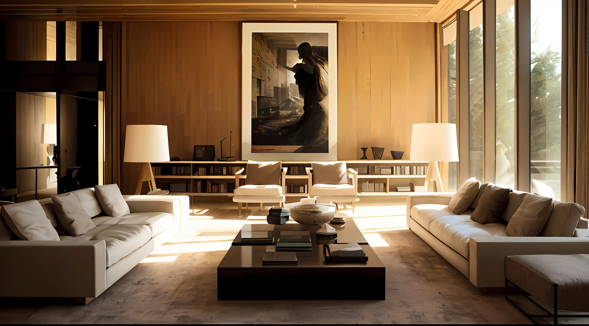 arafed living room with a couch, coffee table, and a large painting, wooden walls with framed art, archviz, detailed archviz render, rendered in corona, inspired by Peter Zumthor, inspired by David Chipperfield, architectural visualisation, living room, award-winning render, stunning render, warm living room, cinematic lighting + masterpiece