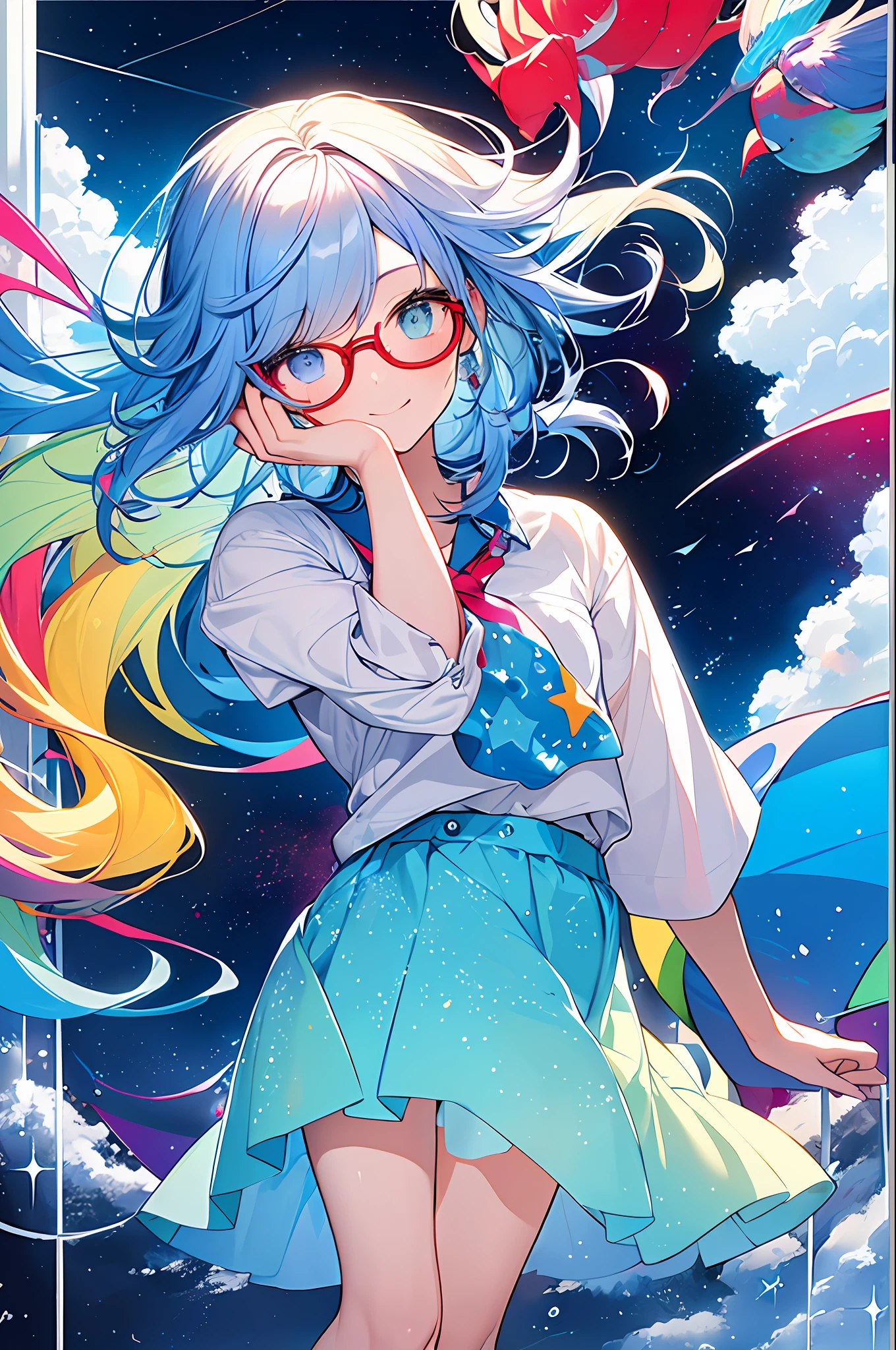 (Masterpiece, Top Quality, Best Quality, Watercolor (Medium), Official Art, Beautiful and Aesthetic: 1.2), (1 Girl: 1.3), (Fractal Art: 1.3), Full Body, Star-shaped Pupil, Viewer's Look, Pattern, (Blue Hair, Light Blue Hair, Half Blue and Half Light Blue Hair: 1.2), Water, Liquid, Clouds, Colorful, Starry Sky, Stars, Smile, Glasses, Heterochromia, (Colorful: 1.5), Wet, (Red Moon), School Uniformblush