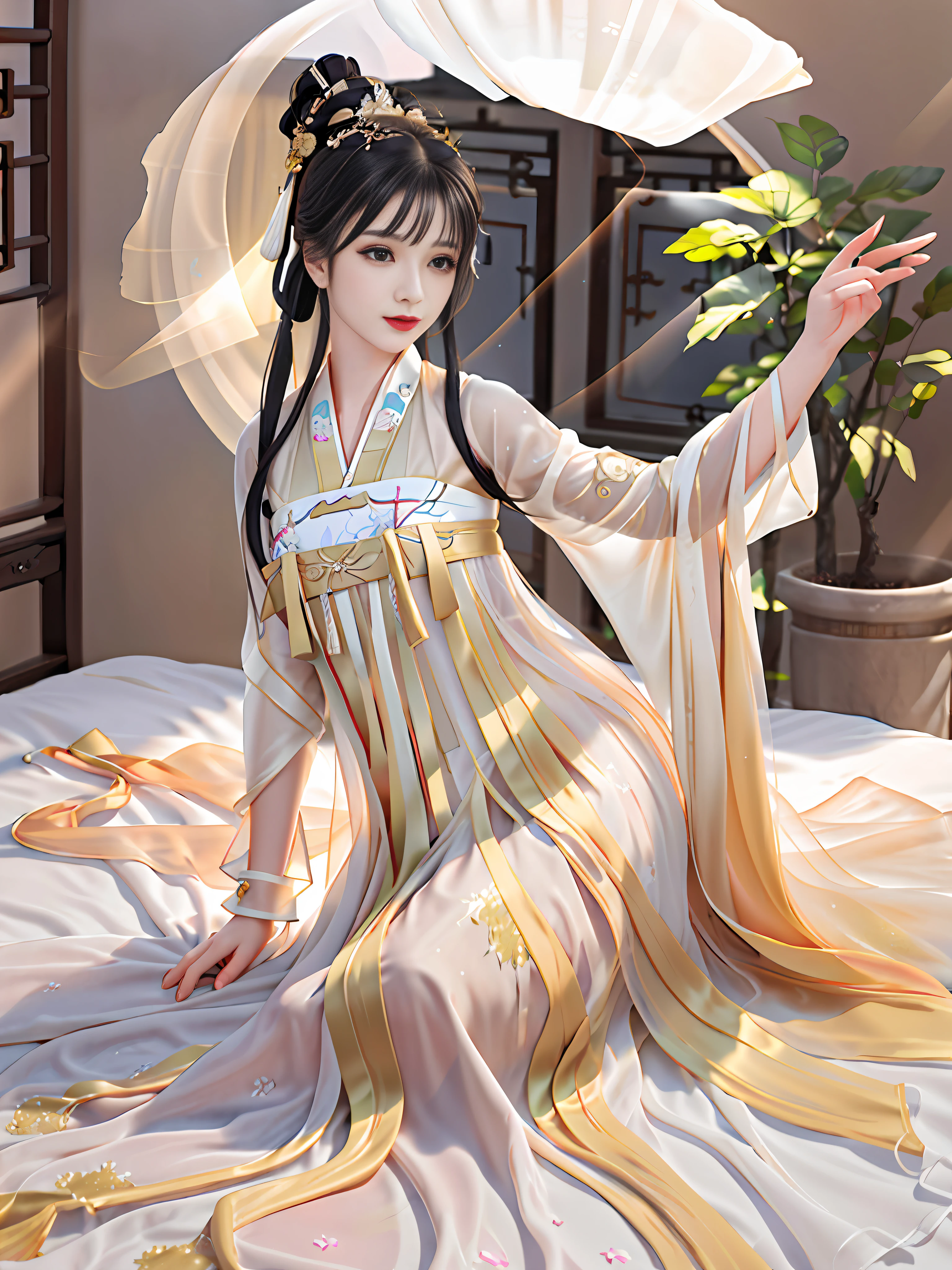 Best quality, masterpiece, high resolution, 1 girl, (Hanfu: 1.2), (gold thread stitching: 1.1), white translucent silk hanpeng, (translucent silk: 1.3), (inside ancient Chinese palaces: 1.2), (fear: 1.1), lips, dress, (hair accessories: 1.2), (ancient Chinese bed: 1.3), long hair, medium chest, delicate beautiful eyes, delicate eyelashes, beautiful face, upon_body, tyndall effect, (Realistic: 1.2), Edge Lighting, Bi-tone Lighting, (High Detail Skin: 1.2), 8K UHD, DSLR, Soft Light, High Quality, Volumetric Light, Snapshot, (Photo: 1.1), High Resolution, Highest, High Resolution, Detailed Eyelashes, Beautiful Face, Body, Tyndall Effect, Two-tone Lighting, (High Detail Skin: 1.2), 8K Ultra HD, Soft Light, High Quality, Volume Lighting, Frank Shot, (Low Angle Shooting: 1.1), (Beautiful Woman Lying in Bed), Sexy, Chivalrous, A Woman Standing in Front of the Bed.