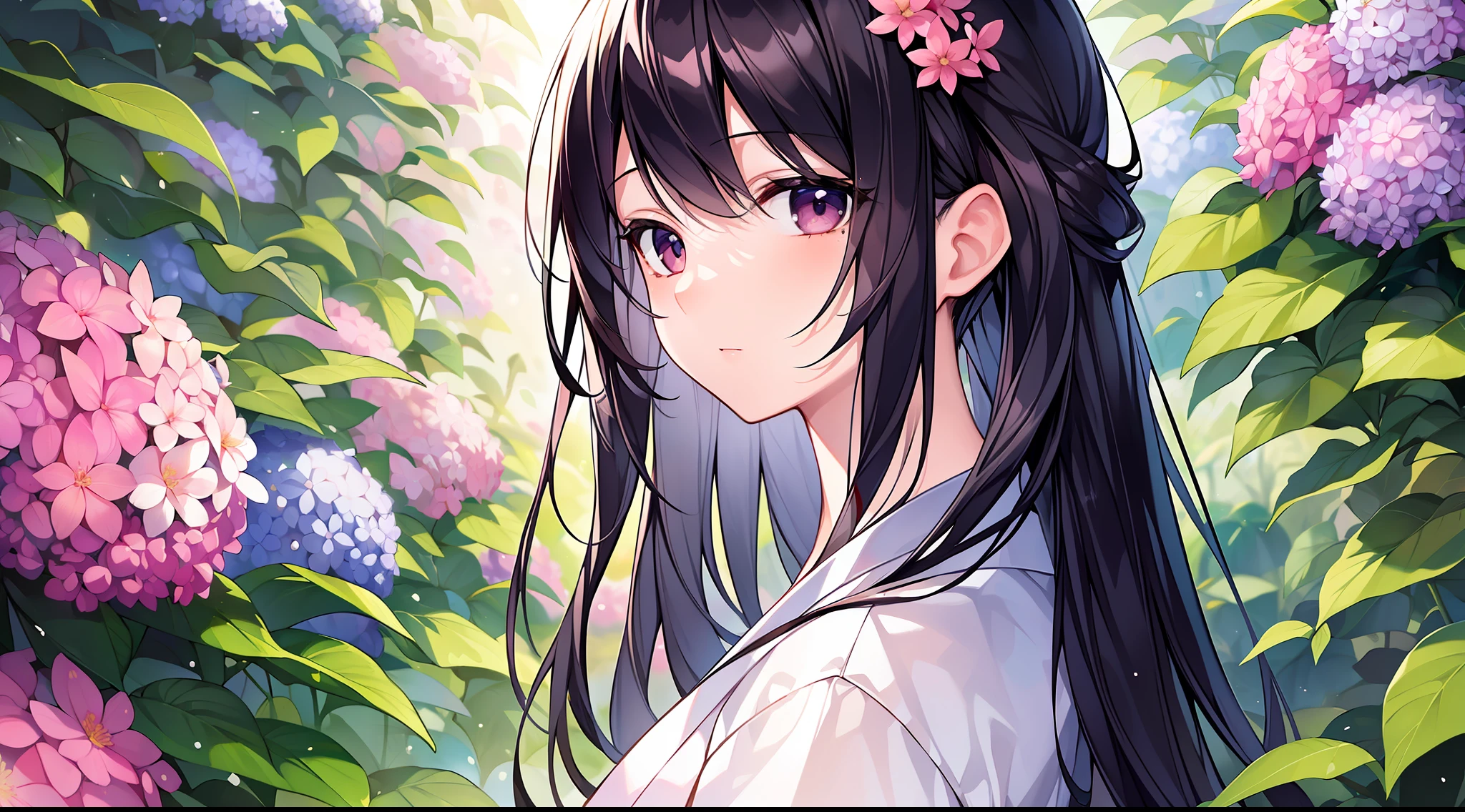 (masterpiece, top quality, super detailed: 1.6), illustration, 1 girl, cute, solo, black hair of medium length, black eyes, lonely, mole, clean white skin, white and pink yukata, hydrangea, garden, from the side,