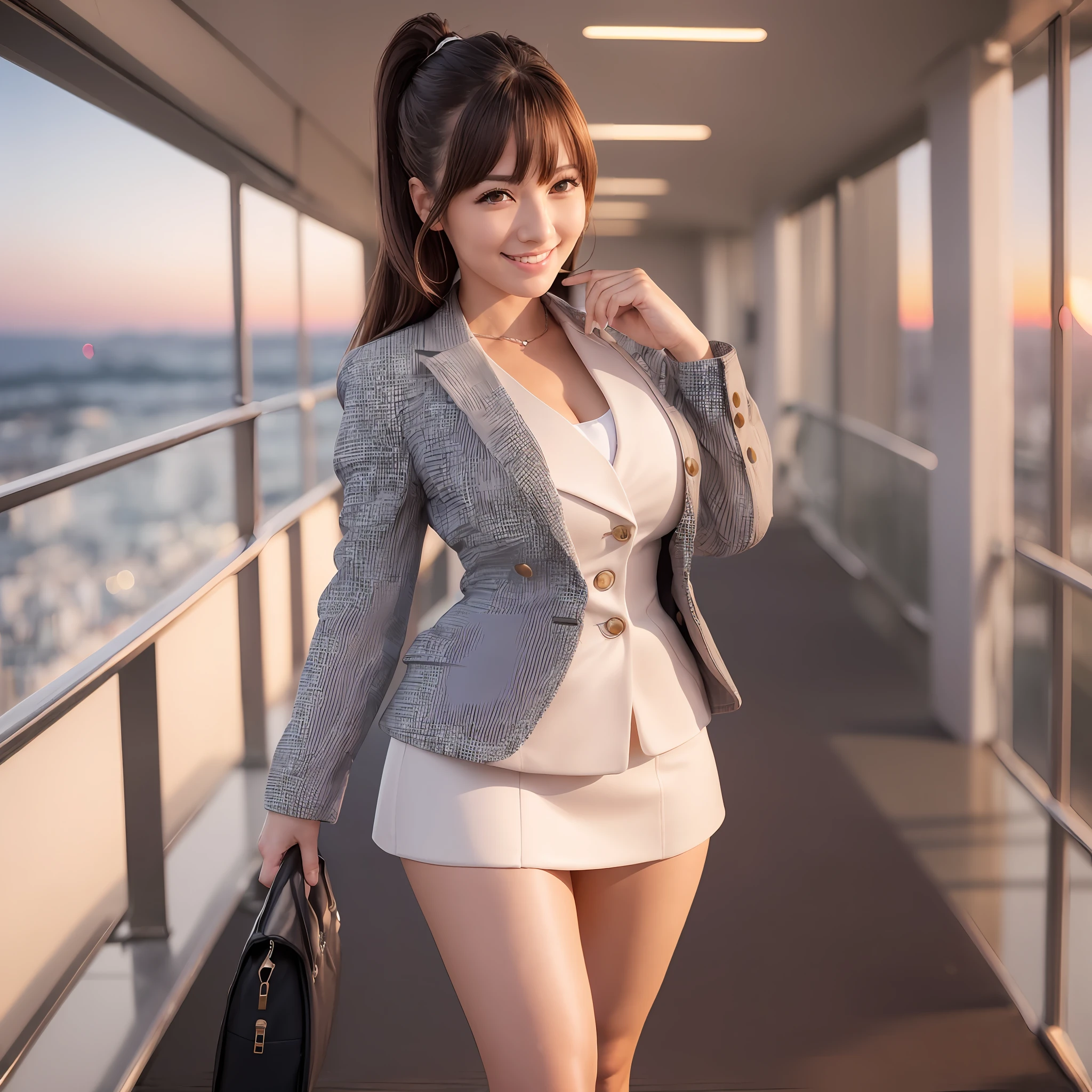 (realistic, photo-realistic:1.37), (masterpiece), (best quality:1.4), (ultra high res:1.2),(RAW photo:1.2), (sharp focus:1.3), (face focus:1.2), elegant, (full body:1.2), (1 girl wearing detailed pencil-skirt and suit-jacket:1.3), (office lady), professionattire, high heels, (33yo:1.1), (happy smile:1.3), (shine hair:1.3), [ponytail], BREAK,
(huge breast), scenery, (Beautiful Sunset background:1.2), from behind, backshot, bangs, beautiful detailed eyes, looking at viewer, (cute), (no makeup),
+LoRA --auto --s2