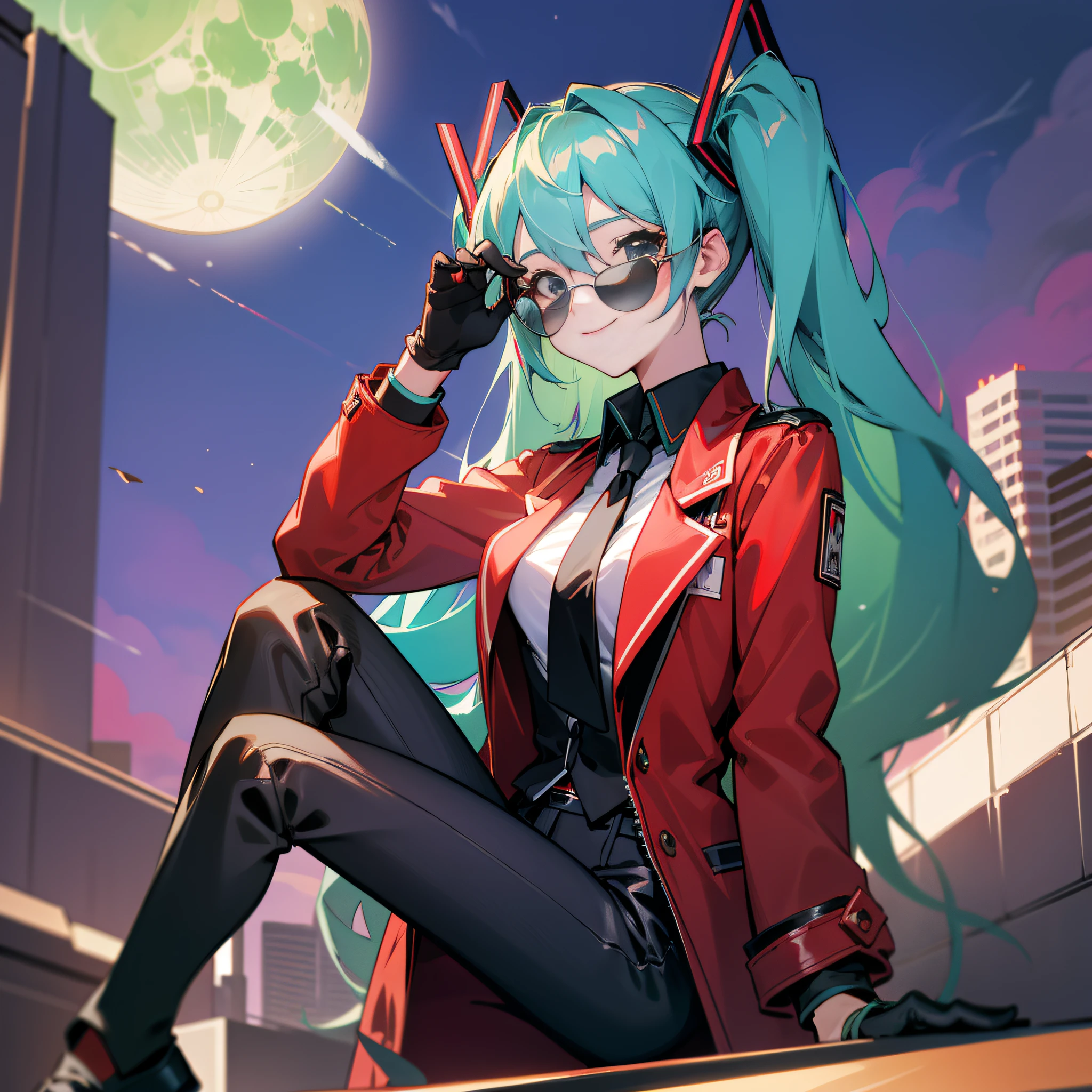 ((Best Quality, 8K, Masterpiece: 1.3)), 1girl, Hatsune Miku, Long hair, double tails, black sunglasses, single, moon, sitting, black tie, blue hair, black pants, cosplay, red jacket, smile, black gloves, red jacket, red suit, formal, long hair, aqua green hair, black gloves, synthwave, red jacket, red suit, red jacket, leather shoes