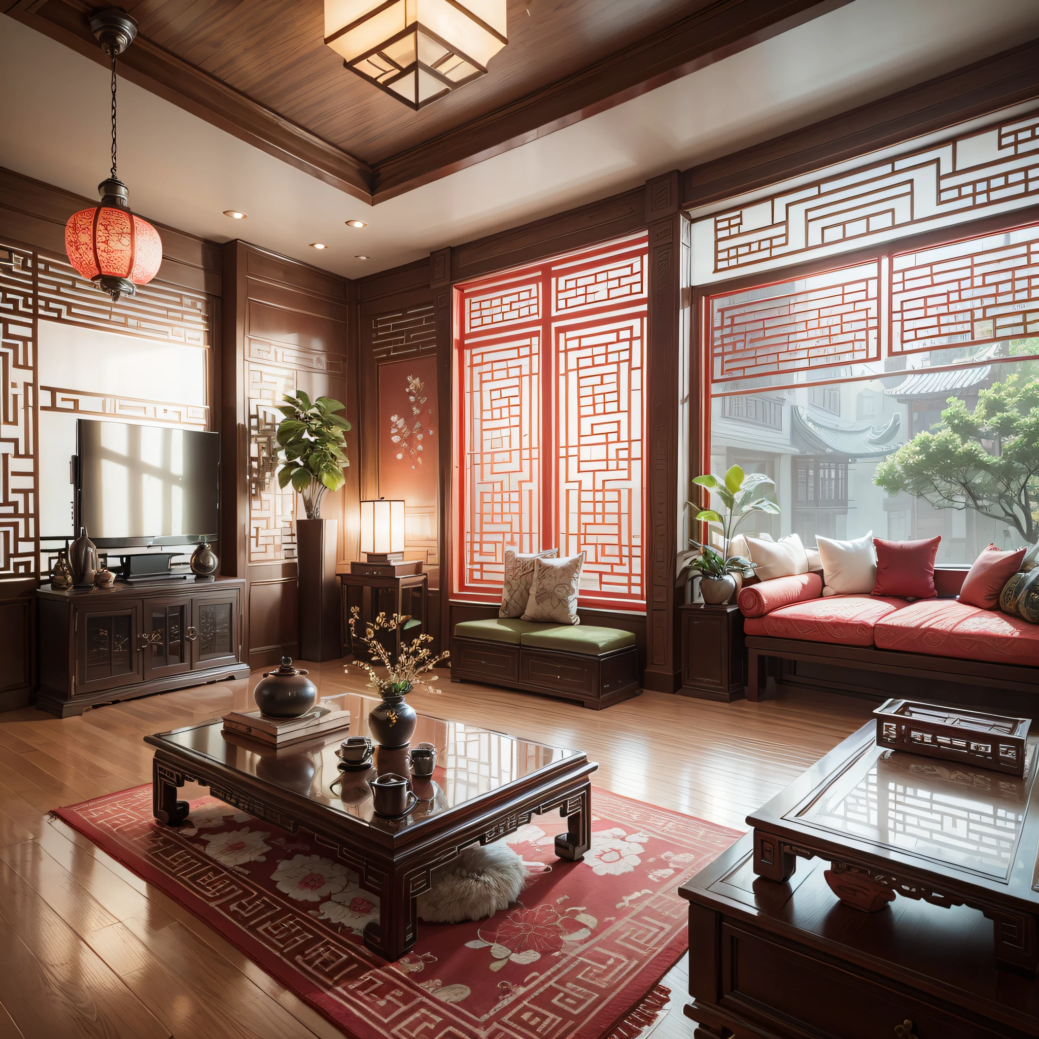 Interior design floor plan, Chinese style decoration, multi-angle display, 3d rendering, comfortable interior lighting, super detail, movies, furniture and windows in the evening, 8K.
