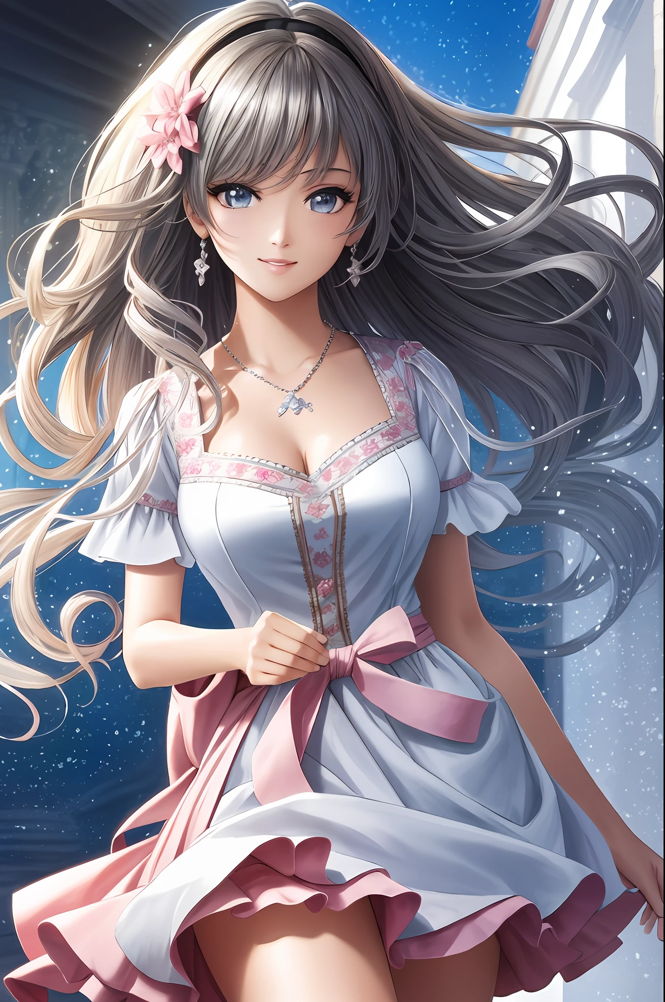 Illustration, anime style, (masterpiece, top quality, super detail, high resolution), perfect face, beautiful eyes, smile, sidelights, shiny skin, (bloom), (shine), lighting, ray tracing, 1girl, solo, silver hair, black moisturized eyes, summer short sleeves, hair bow, pink skirt, bow, pink bow, lips, upper body, curly hair, chest, parted lips, jewelry, depth_of_ field, highly detailed background, highly detailed background, masterpiece, super detail, great composition,dynamic angle,[bottle bottom],(wide shot), very delicate and beautiful,(best quality), depth of field, solo, extreme light and shadow, masterpiece, rich in detail, (fine features), (best quality), (masterpiece), (detail), (beautiful) detail, Beautiful Detail Eye,(Straight On), Upper Body,(Very Detail CG Unity 8k wallpaper),(Masterpiece), (Best Quality), (Super Detail)(Best Illustration)(Best Shadow),Perfect Lighting,Perfect Anatomy