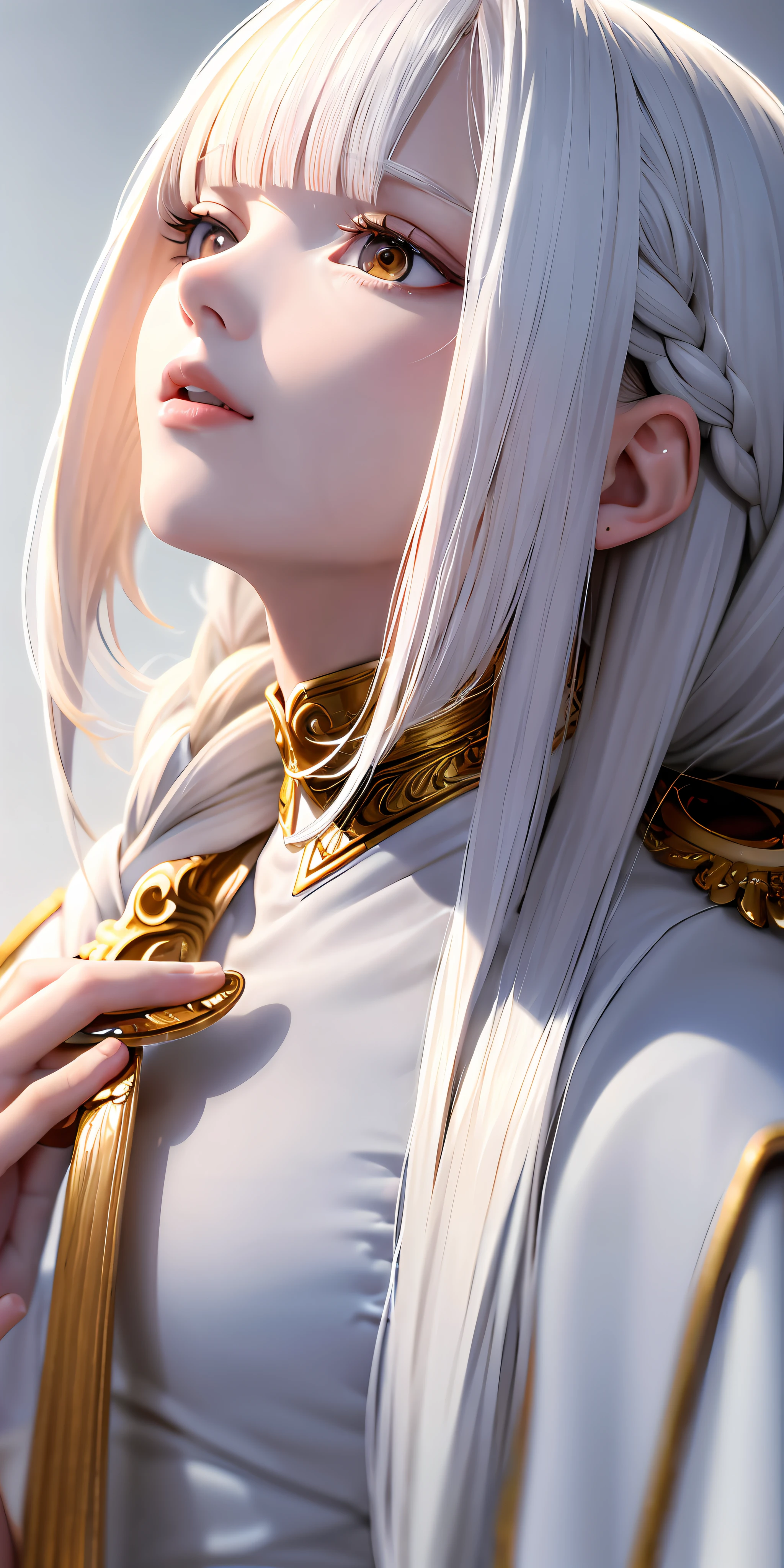 best quality, masterpiece,white hair, gold eyes,white clothes, looking up, upper body,hair strand,Fair skin,side braids
