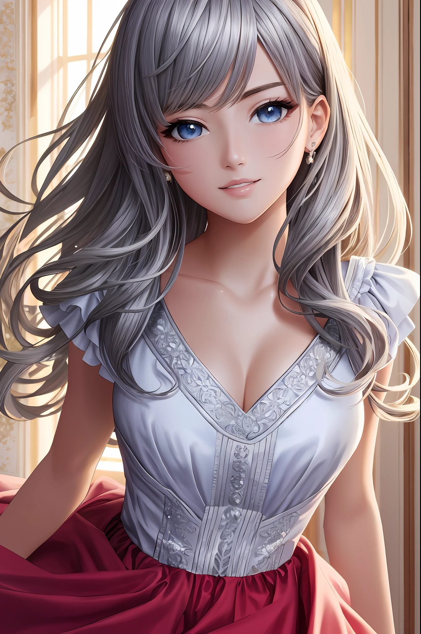 Illustration, anime style, (masterpiece, top quality, super detail, high resolution), perfect face, beautiful eyes, smile, sidelights, shiny skin, (bloom), (shine), lighting, ray tracing, 1girl, solo, silver hair, black moisturized eyes, summer short sleeves, hair bow, pink skirt, bow, pink bow, lips, upper body, curly hair, chest, parted lips, jewelry, depth_of_ field, highly detailed background, highly detailed background, masterpiece, super detail, great composition,dynamic angle,[bottle bottom],(wide shot), very delicate and beautiful,(best quality), depth of field, solo, extreme light and shadow, masterpiece, rich in detail, (fine features), (best quality), (masterpiece), (detail), (beautiful) detail, Beautiful Detail Eye,(Straight On), Upper Body,(Very Detail CG Unity 8k wallpaper),(Masterpiece), (Best Quality), (Super Detail)(Best Illustration)(Best Shadow),Perfect Lighting,Perfect Anatomy