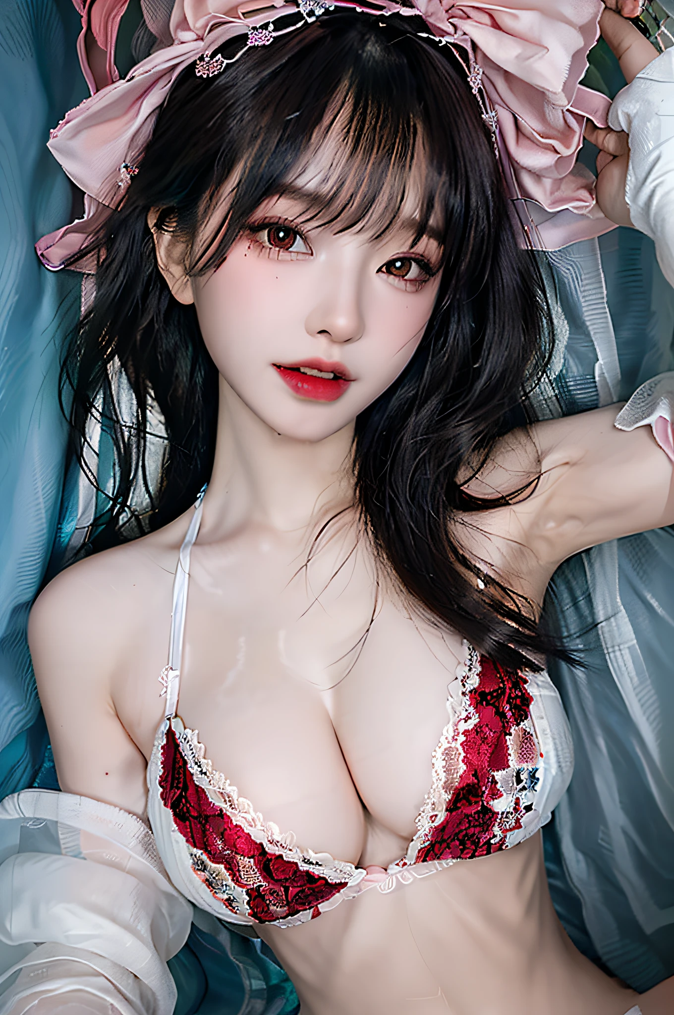 ((Realistic lighting, top quality, 8K, Masterpiece: 1.3)), clear focus: 1.2, 1 girl, perfect body beauty: 1.4, slim abs: 1.1, ((wearing ultra-thin red lace underwear), ultra-fine face, narrow eyes, double eyelids, [(top quality, masterpiece, intricate detail: 1.3): 0.2], realistic and detailed skin, subjective point of view, viewer, (from above: 1.2), (on the bed), ((lying in bed: 1.2)), 1 girl, (mixed Korean, kpop idol), white skin, (slender body: 1.2), ((Colossal)))), (maid, light lingerie), navel (cleavage: 1.12), ((light blue see-through lingerie)), ((pink pillows and sheets)), (open legs), (tongue out), (8k, RAW photo, best quality, masterpiece:1.2), yjnn, 1girl, 3 d, asian, bangs, bare_shoulders, bow, bra, breasts, black_eyes, cleavage, ((The background is a light blue or light pink curtain)), lips, long_hair, short_sleeves, looking_at_ viewer, huge_breasts, navel, nose, off_shoulder, open_clothes, open_shirt, panties, real, shirt, solo, stomach, undergarment, undressing, upper_body, light blue_bra, light blue_panties, light blue_shirt,