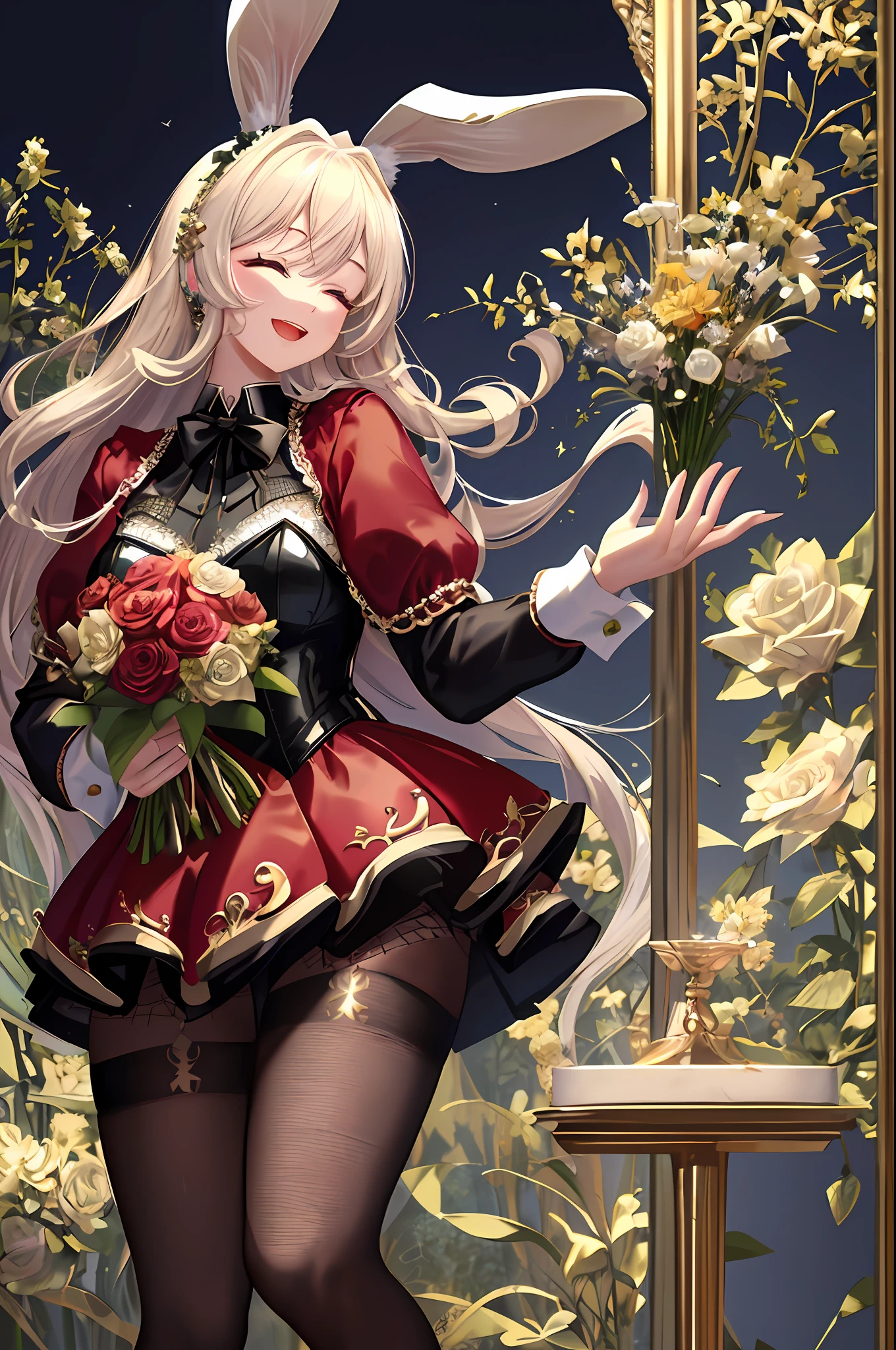 Top quality, masterpiece, masterpiece, intricate details, delicate and beautiful details, highly detailed 8k wallpaper, ((transcendently beautiful face)), happy, smile, close eyes, open mouth, fishnet stockings, high heels, black leotard, red jacket, rabbit ears, rabbit tail, (holding a bouquet: 1.5), hu sit,