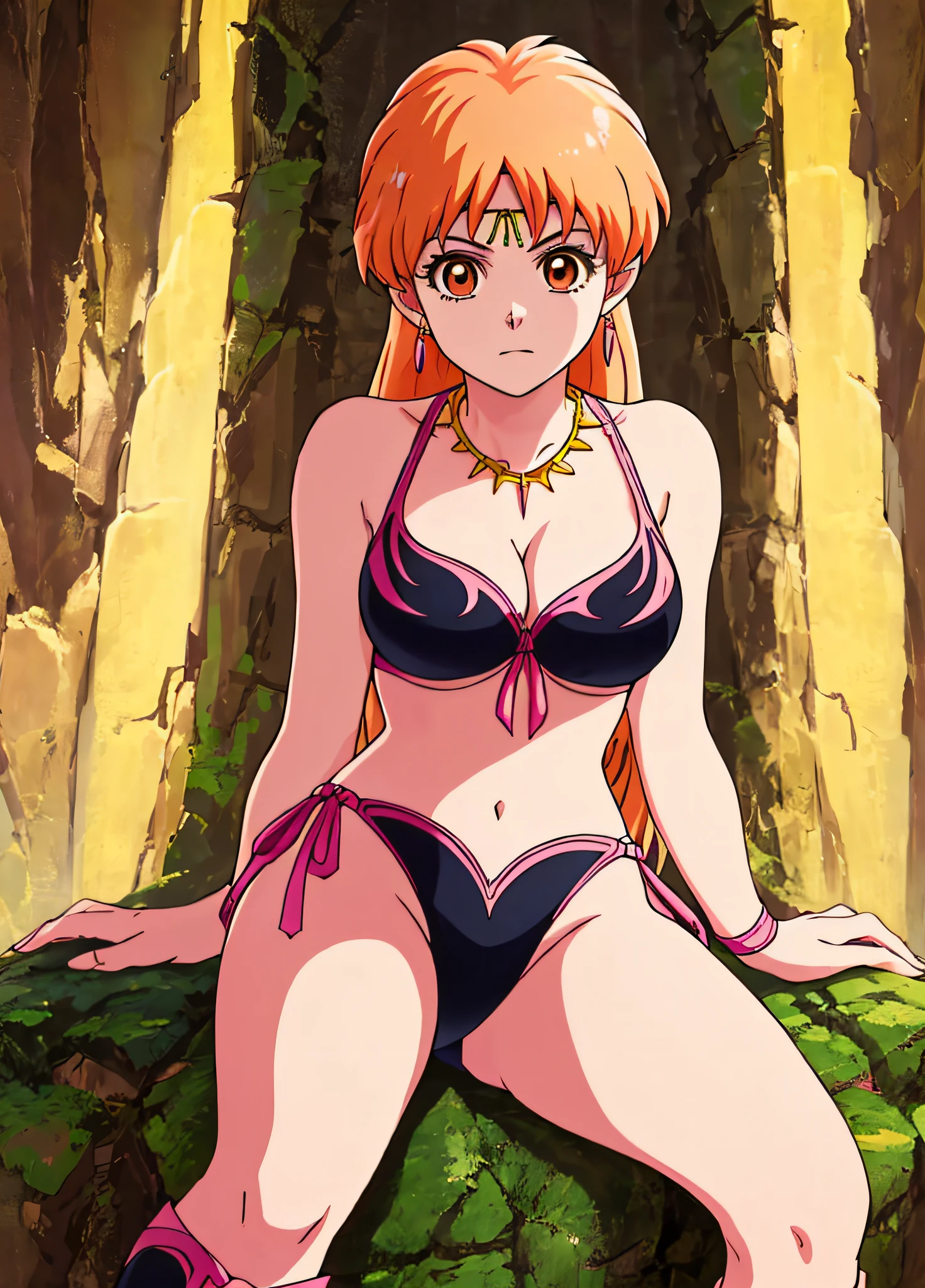 masterpiece, top quality, best quality, (perfect lighting), (anime beautiful girl), leona, perfect face, perfect eyes, leonadq2020, girl alone, solo, blonde hair, long hair, brown eyes, jewelry, sky, cleavage, leotard, orange hair, ponytail, bikini, black bikini, bikini armor, black stockings, navel, lower abdomen, groin, thighs, necklace, shy face, Sitting on a rock, sexy pose, nasty atmosphere, knee boots