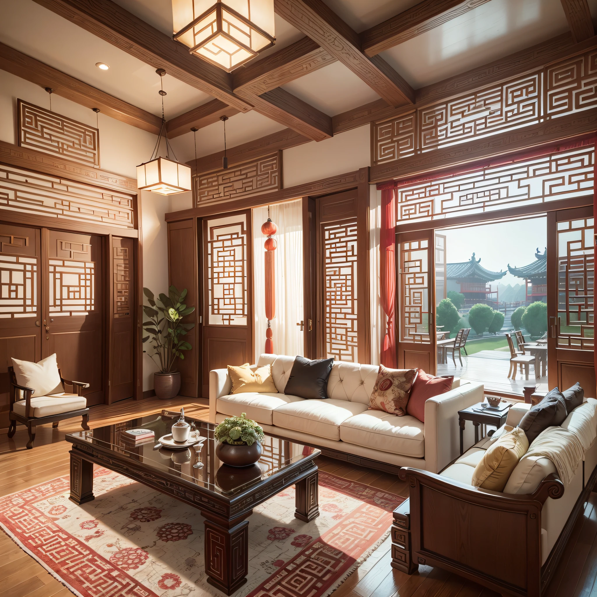 Interior design floor plan, Chinese style decoration, multi-angle display, 3d rendering, comfortable interior lighting, super detail, movies, furniture and windows in the evening, 8K.
