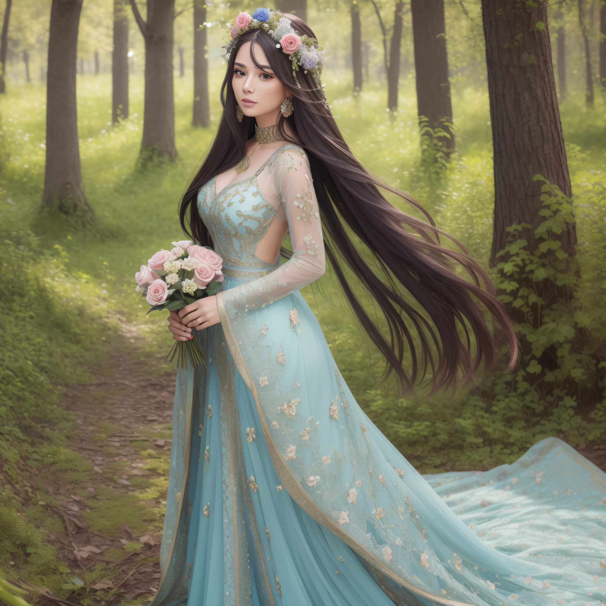 A stunning woman with flowing hair) (Incredible level of detail) (UHD) (Ultra-realistic rendering) Shot with an 8K camera, she stands tall in a (long and vibrant dress), her (dynamic pose) reflecting her inner spirit. Set (outside) in a (forest) the bokeh of the trees surround her as (flowers, birds, and butterflies) add to the beauty of the scene, and all comes together in a beautiful (portrait) (unreal) (magical, fantasy) (long dress) (thick dress)