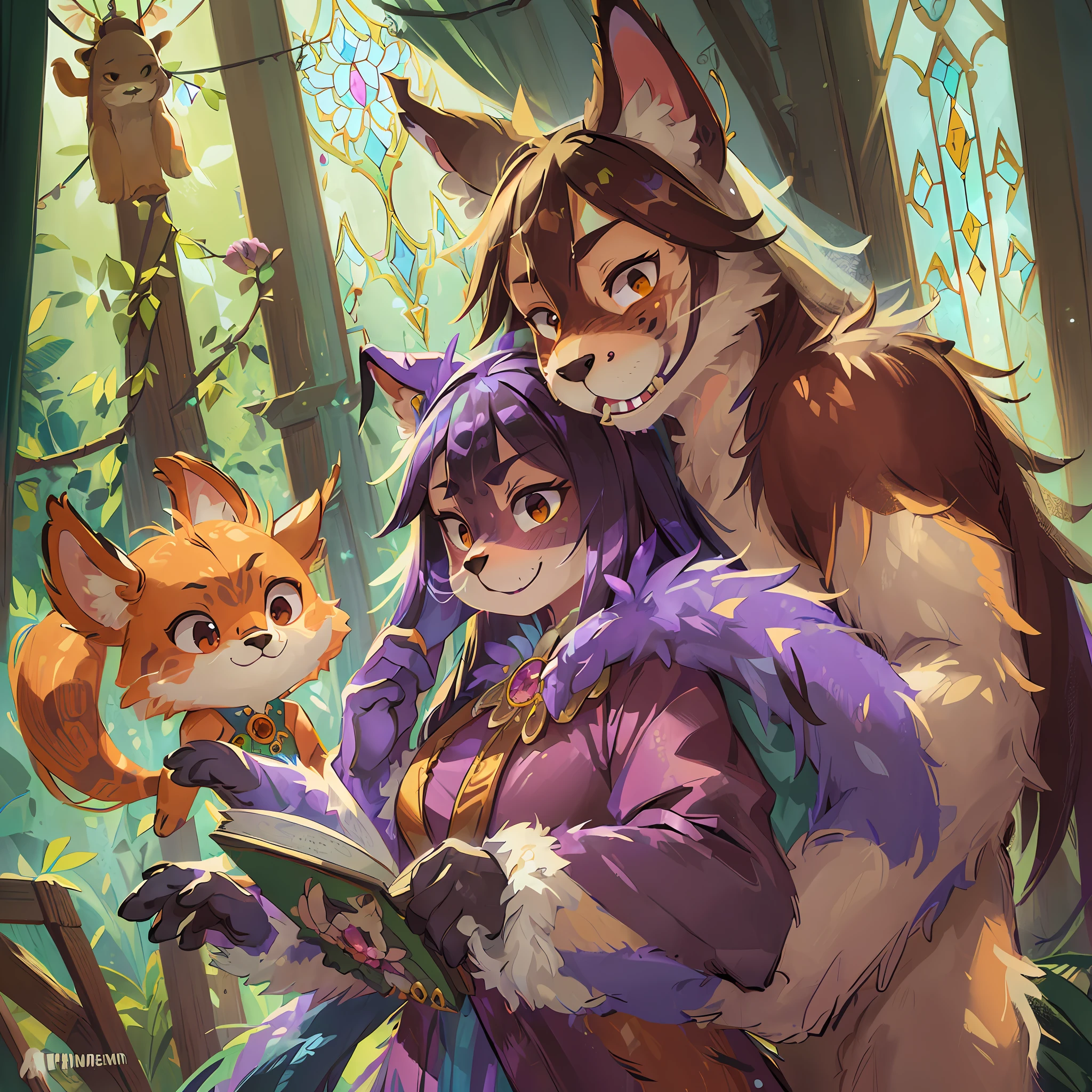 Highest quality ultra-fine illustrations(association colorful stained glass with shimmering light wedding aisles lined with jewel-like lamps)(very detailed beautiful face and eyes)perfect anatomy((((Beastman Beastwoman))))(furry husband in tuxedo furry wife in wedding dress husband hugging his wife from behind furry in pastor's clothes holding a clear book in his hands wedding photo Bouquet of beautiful flowers)(furry anthro:1.7)((((furry body animal facial features animal body features)))(((animal muzzle highly detailed fur))))full body smile(dynamic pose),