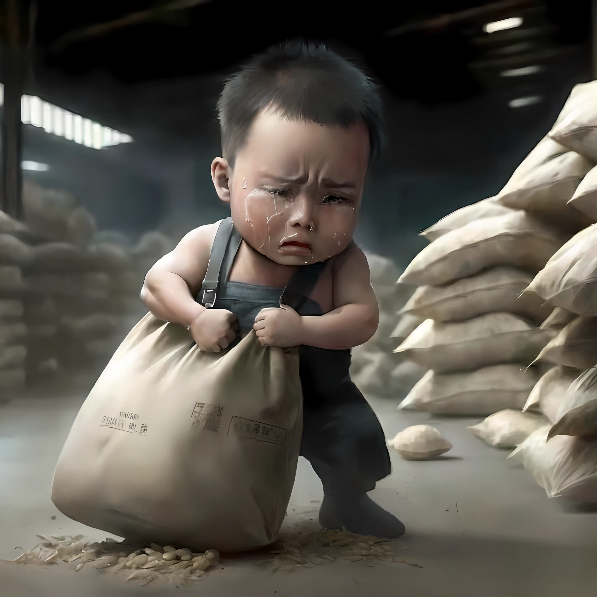 "Baby with a bag of wheat in the warehouse", painful expression, crying, tears, Fei Danxu, Wang Yi, Zhang Xiaogang, Bian Jingzhao, Wen Zhenheng, Wang Zhenpeng, Ding Yunpeng, Criticism of photos, Xi Gang, photo processing, Wang Ximeng, (((Luke ·