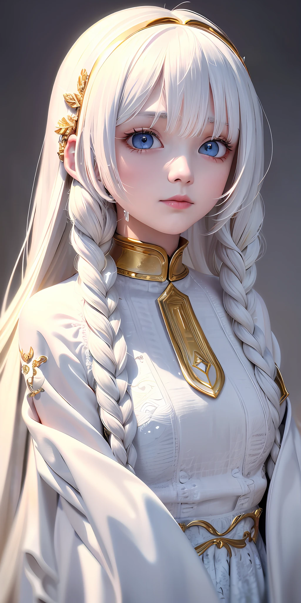 best quality, masterpiece,white hair, gold eyes,white clothes, looking up, upper body,hair strand,Fair skin,side braids
