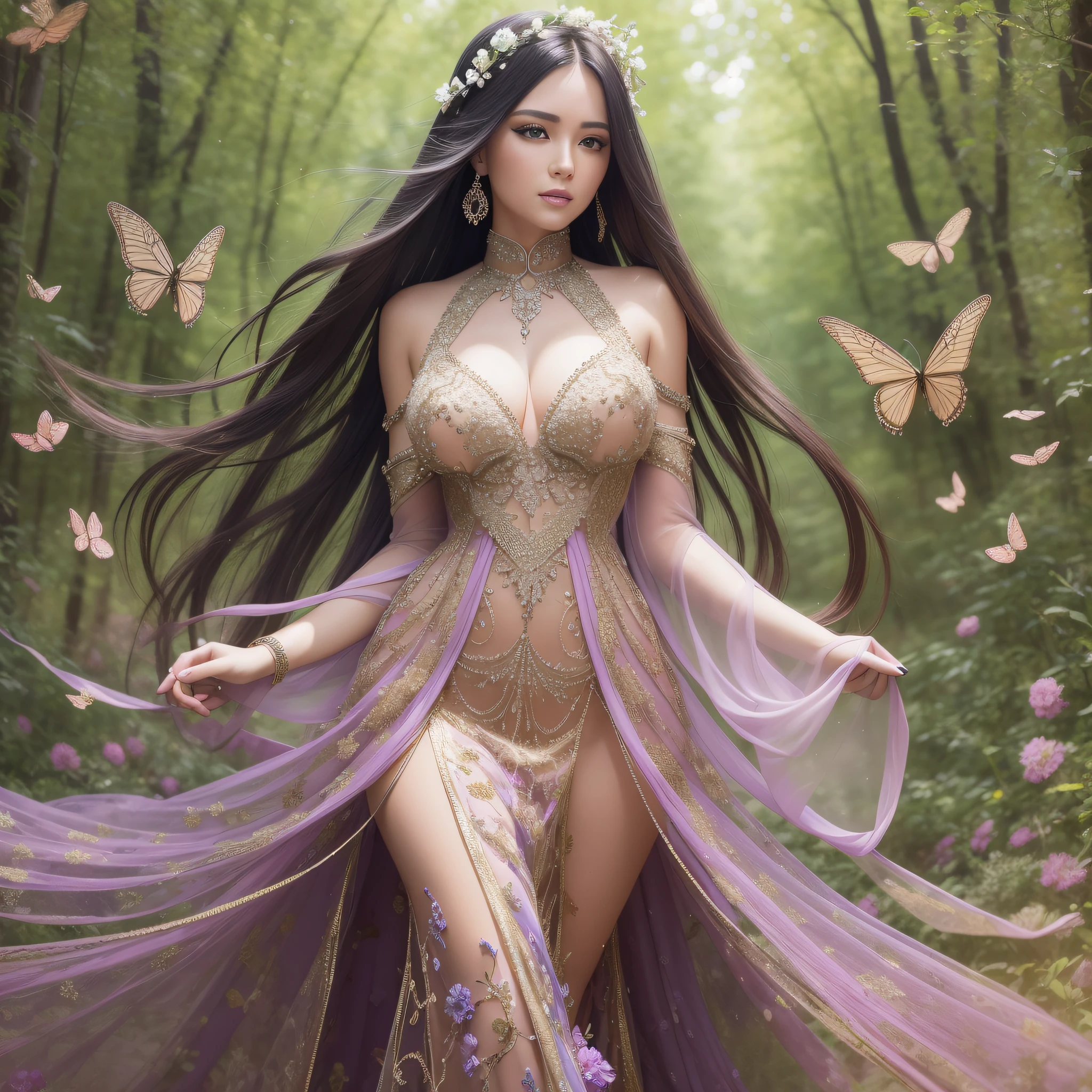 A stunning woman with flowing hair) (Incredible level of detail) (UHD) (Ultra-realistic rendering) Shot with an 8K camera, she stands tall in a (long and vibrant dress), her (dynamic pose) reflecting her inner spirit. Set (outside) in a (forest) the bokeh of the trees surround her as (flowers, birds, and butterflies) add to the beauty of the scene, and all comes together in a beautiful (portrait) (unreal) (magical, fantasy) (long dress) (thick dress)