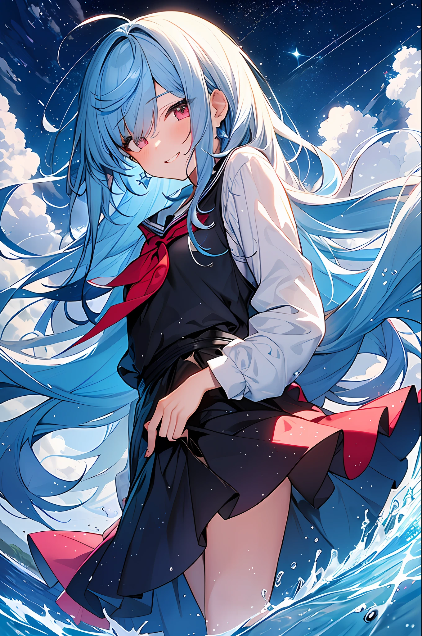 (Masterpiece, Top Quality, Best Quality, Watercolor (Medium), Official Art, Beautiful and Aesthetic: 1.2), (1 Girl: 1.3), (Fractal Art: 1.3), Full Body, Star-shaped Pupil, Viewer's Look, Pattern, (Blue Hair, Light Blue Hair, Half Blue and Half Light Blue Hair: 1.2), Water, Liquid, Clouds, Colorful, Starry Sky, Stars, Smile, Glasses, Heterochromia, (Colorful: 1.5), Wet, (Red Moon), School Uniform