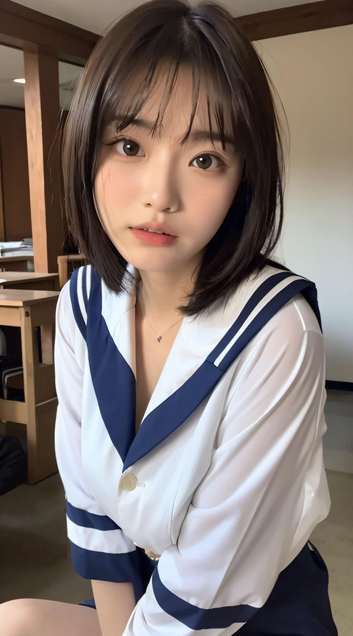 ((Top Quality, 8K, Masterpiece: 1.3)), Focus: 1.2, Perfect Body Beauty: 1.8, Buttocks: 1.2, ((Layered Haircut, Chest: 1.5)), (Wet Clothes: 1.1), Japan High School Student, Japan Sailor Suit, (School, Classroom), Highly Detailed Face and Skin Texture, Big Eyes, Tanuki Face, Double Eyelids, Whitened Skin, Shoot Cut