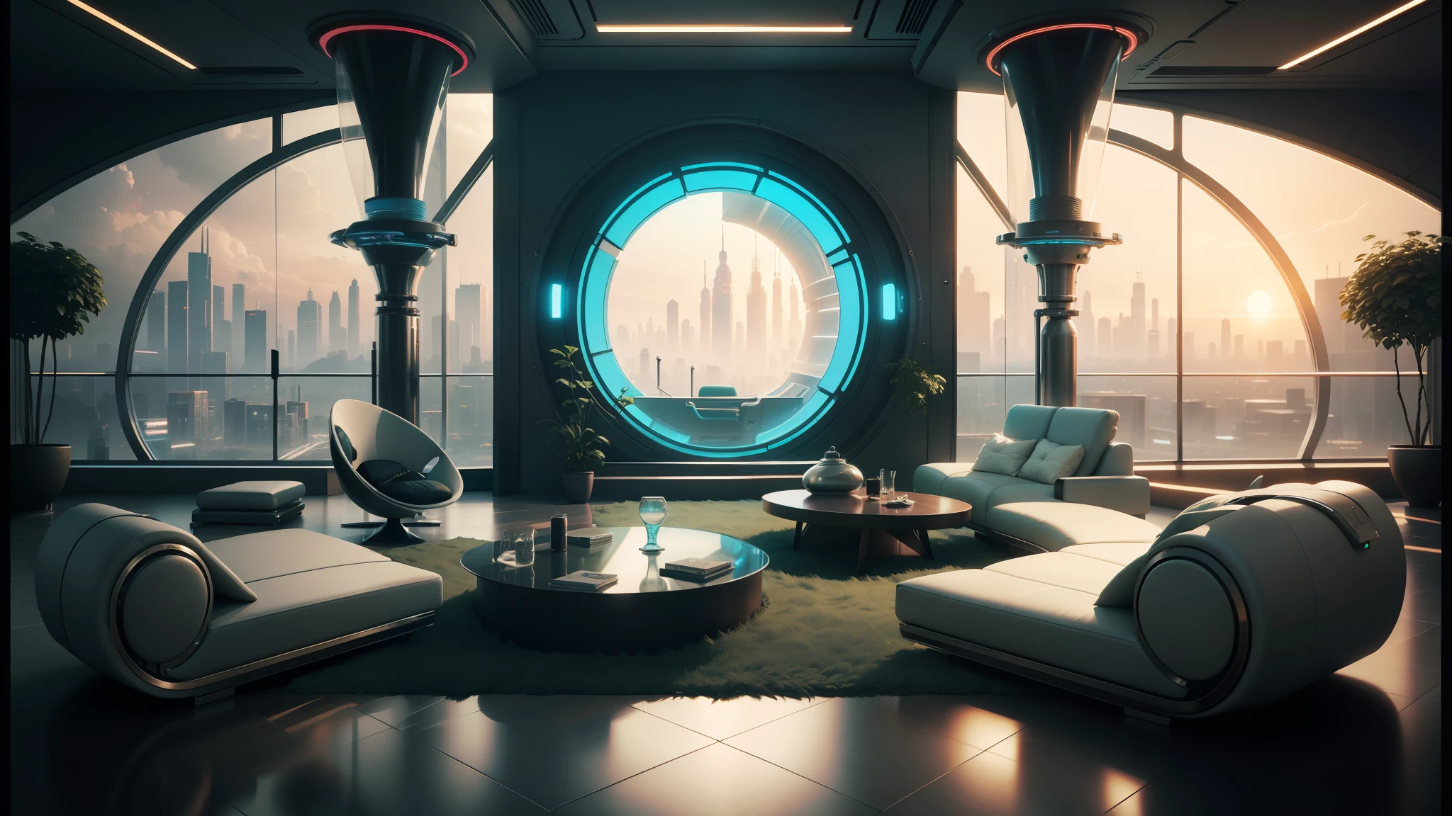 arafed room with a circular window and a couch and a coffee table, futuristic room background, retro futuristic apartment, futuristic. game cg, futuristic decor, futuristic interior, futuristic room, cgsociety 9, cyberpunk apartment, jessica rossier color scheme, futuristic looking living room, the cyberpunk apartment, futuristic environment, sci-fi fantasy wallpaper, futuristic palace --auto --s2