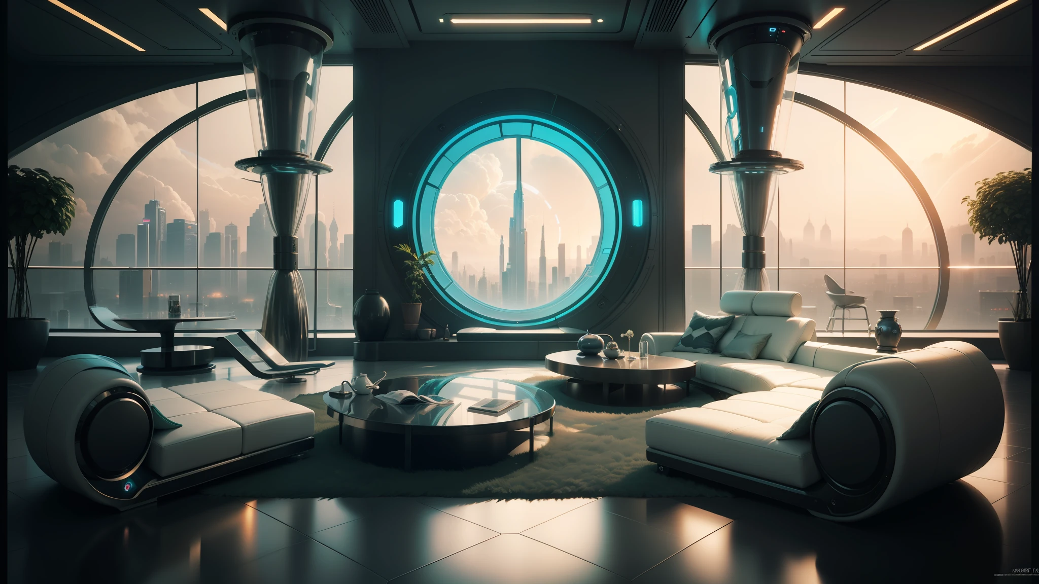 arafed room with a circular window and a couch and a coffee table, futuristic room background, retro futuristic apartment, futuristic. game cg, futuristic decor, futuristic interior, futuristic room, cgsociety 9, cyberpunk apartment, jessica rossier color scheme, futuristic looking living room, the cyberpunk apartment, futuristic environment, sci-fi fantasy wallpaper, futuristic palace --auto --s2