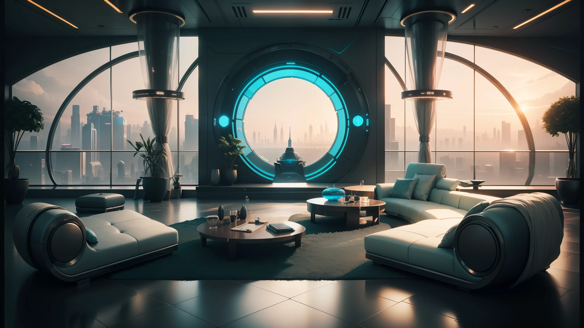 arafed room with a circular window and a couch and a coffee table, futuristic room background, retro futuristic apartment, futuristic. game cg, futuristic decor, futuristic interior, futuristic room, cgsociety 9, cyberpunk apartment, jessica rossier color scheme, futuristic looking living room, the cyberpunk apartment, futuristic environment, sci-fi fantasy wallpaper, futuristic palace --auto --s2