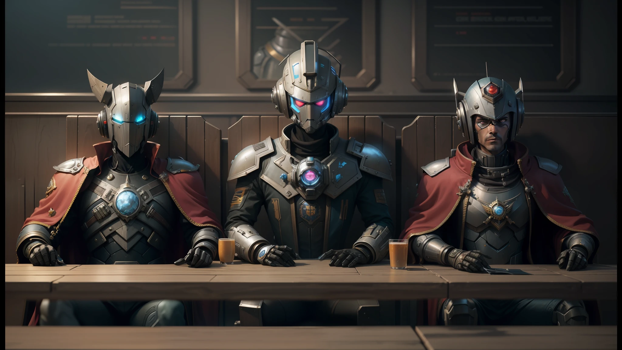 three robots sit at a table with a phone, starfinder style, starfinder style, still in alita, characters from machinarium, cgsociety award, mechanical elves, love, death and robots, jodorowsky dunes movie, highly detailed character design, society Emperor's Secret, Knights, Mechanicalus Adeptus, Warhammer Emperium Style --auto --s2