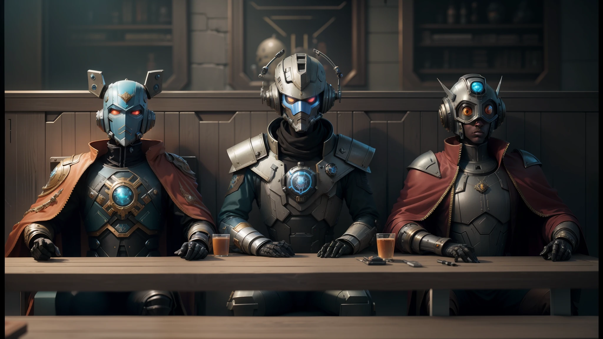 three robots sit at a table with a phone, starfinder style, starfinder style, still in alita, characters from machinarium, cgsociety award, mechanical elves, love, death and robots, jodorowsky dunes movie, highly detailed character design, society Emperor's Secret, Knights, Mechanicalus Adeptus, Warhammer Emperium Style --auto --s2