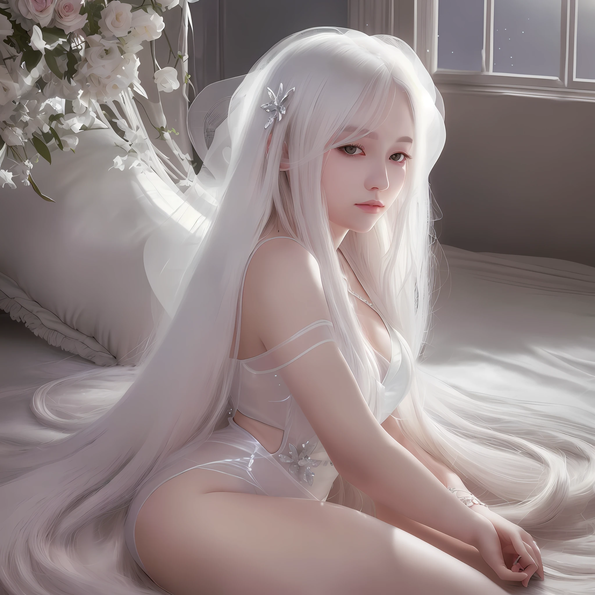 Illustrate a serene girl with long white hair, lounging on a plush bed under moonlight. She's wearing a translucent, pearl-adorned white dress, revealing her graceful curves. Capture her tranquil expression, the play of light on her silver eyes, and the elegance of her stunning outfit in your artwork.
