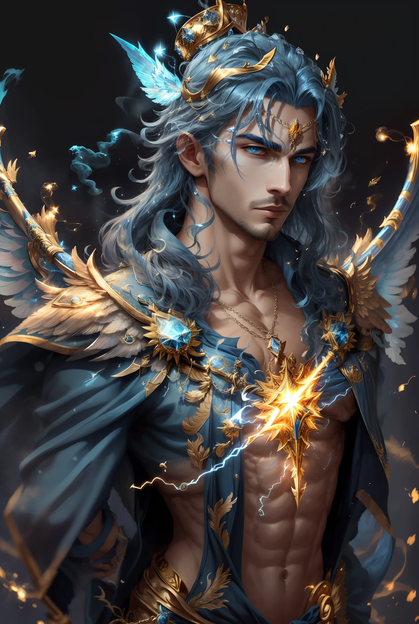 Masterpiece, top quality, blue hair, blue lightning, pointing the finger at yourself. Magic. Another world. Blue smoke billows. Handsome. Handsome man. Cool. A man in his 20s. Eyes that glow blue. Blue thunder. Suit. Airborne particles. Cloak. Necklace. Robe of feathers. A large sword with a blue pattern. Gold feather robe. Gold crown with diamonds. God. Diamond crown. Wings of gold. Angel wings. Blue lightning coming out of the eyes. Long sword. Large wings. Splattering blue crystals. Crown. Crown. Crystals around.