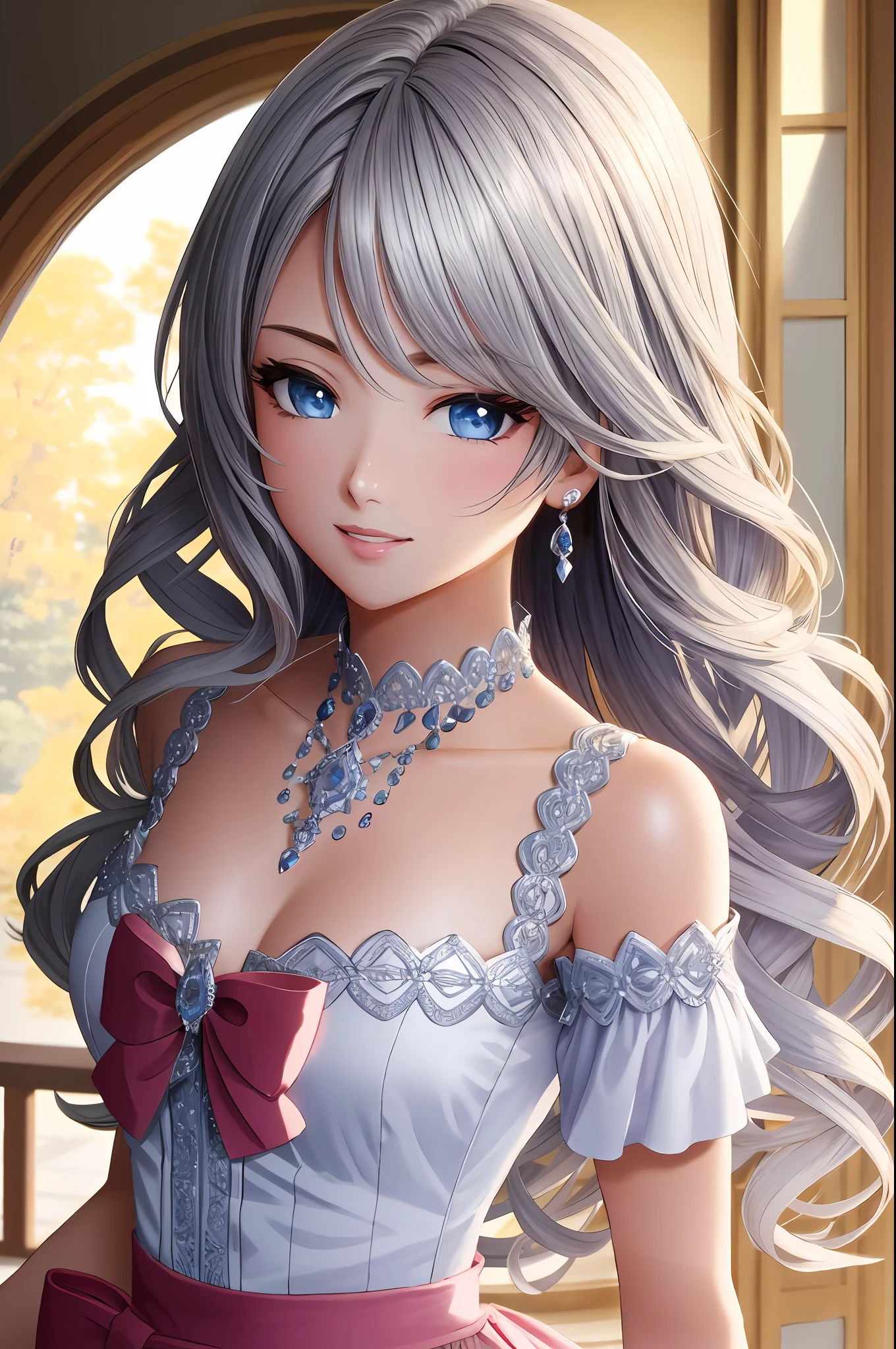 Illustration, anime style, (masterpiece, top quality, super detail, high resolution), perfect face, beautiful eyes, smile, sidelights, shiny skin, (bloom), (shine), lighting, ray tracing, 1girl, solo, silver hair, black moisturized eyes, summer short sleeves, hair bow, pink skirt, bow, pink bow, lips, upper body, curly hair, chest, parted lips, jewelry, depth_of_ field, highly detailed background, highly detailed background, masterpiece, super detail, great composition,dynamic angle,[bottle bottom],(wide shot), very delicate and beautiful,(best quality), depth of field, solo, extreme light and shadow, masterpiece, rich in detail, (fine features), (best quality), (masterpiece), (detail), (beautiful) detail, Beautiful Detail Eye,(Straight On), Upper Body,(Very Detail CG Unity 8k wallpaper),(Masterpiece), (Best Quality), (Super Detail)(Best Illustration)(Best Shadow),Perfect Lighting,Perfect Anatomy