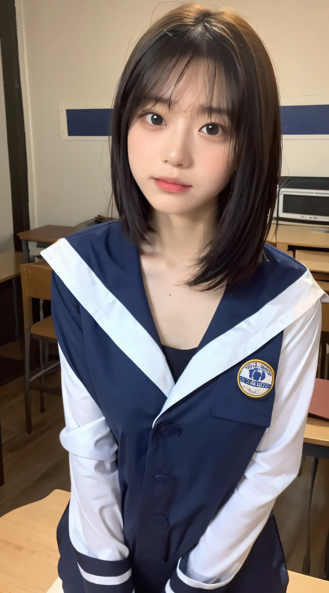 ((Top Quality, 8K, Masterpiece: 1.3)), Focus: 1.2, Perfect Body Beauty: 1.8, Buttocks: 1.2, ((Layered Haircut, Chest: 1.5)), (Wet Clothes: 1.1), Japan High School Student, Japan Sailor Suit, (School, Classroom), Highly Detailed Face and Skin Texture, Big Eyes, Tanuki Face, Double Eyelids, Whitened Skin, Shoot Cut