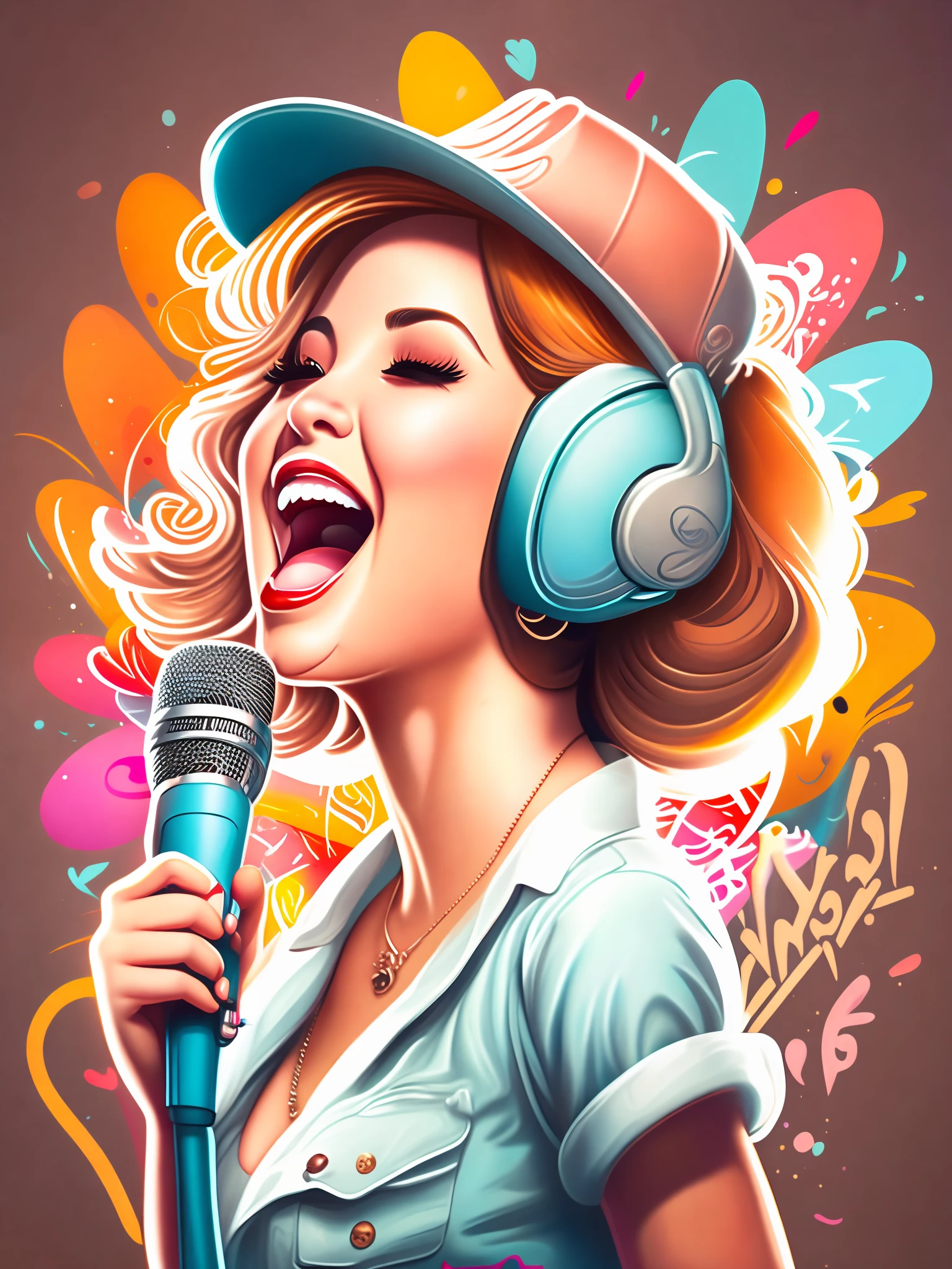 the graffiti style of cute woman is singing and holding a fancy mic, ((soft colorful, rich colors,high detailed, masterpiece,natural lighting,less Shadow,high quality, graffiti style))