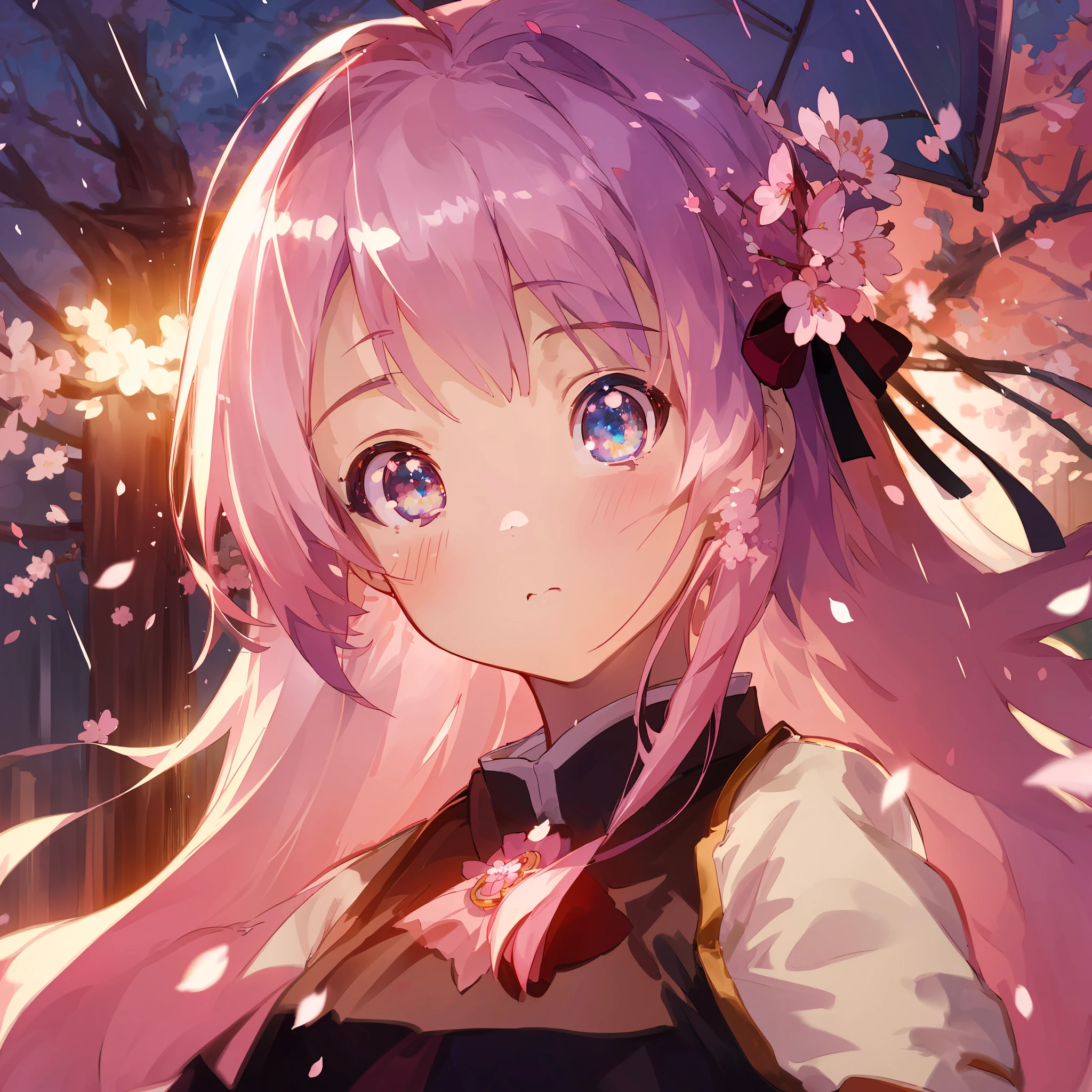 (extremely detailed cg unity 8k wallpaper), ((portrait)), ((best quality)), ((illustration)), (beautiful detailed eyes), masterpiece, depth of field, focus on face, looking at viewer, cute, anime, (((1 girl))), sakura, floating petals, crystal eyes, cute, kawaii, cherry blossoms, rainy days,