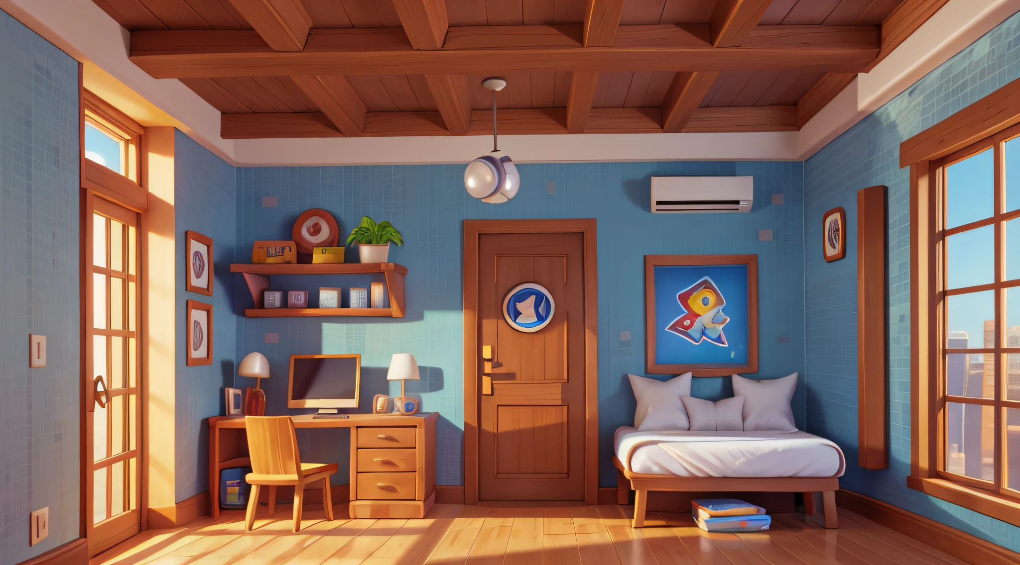 Interior background wall, cartoon 3d, cartoon rendering, (Pixar style), front view, 8K, HD, highest quality, wallpaper, rich details