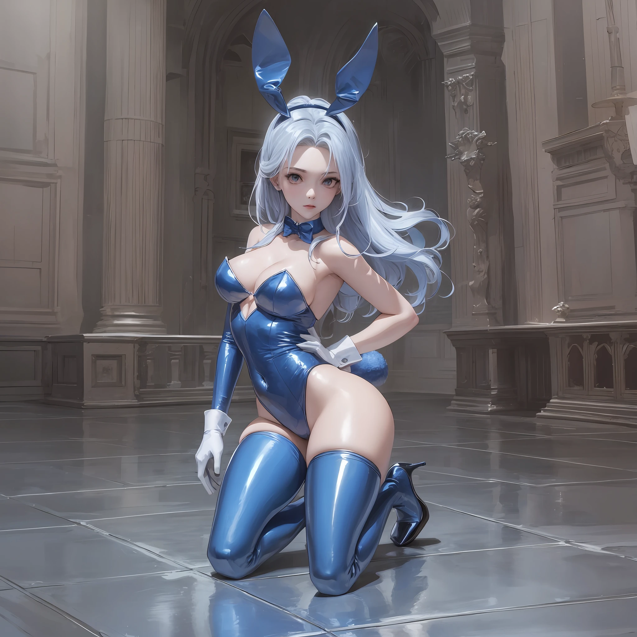 Blue gel coat, kneeling position, giant hips, back to the audience, support her, red high heels, delicate details of the figure, rabbit tail --auto --s2