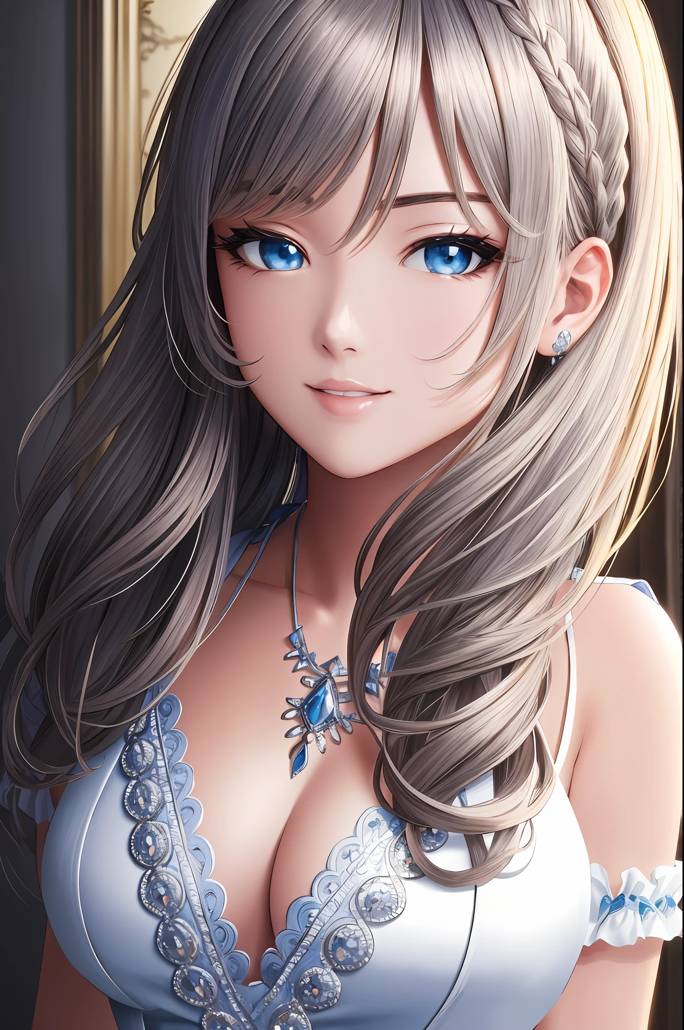 Illustration, anime style, (masterpiece, top quality, super detail, high resolution), perfect face, beautiful eyes, smile, sidelights, shiny skin, (bloom), (shine), lighting, ray tracing, 1girl, solo, silver hair, black moisturized eyes, summer short sleeves, hair bow, pink skirt, bow, pink bow, lips, upper body, curly hair, chest, parted lips, jewelry, depth_of_ field, highly detailed background, highly detailed background, masterpiece, super detail, great composition,dynamic angle,[bottle bottom],(wide shot), very delicate and beautiful,(best quality), depth of field, solo, extreme light and shadow, masterpiece, rich in detail, (fine features), (best quality), (masterpiece), (detail), (beautiful) detail, Beautiful Detail Eye,(Straight On), Upper Body,(Very Detail CG Unity 8k wallpaper),(Masterpiece), (Best Quality), (Super Detail)(Best Illustration)(Best Shadow),Perfect Lighting,Perfect Anatomy