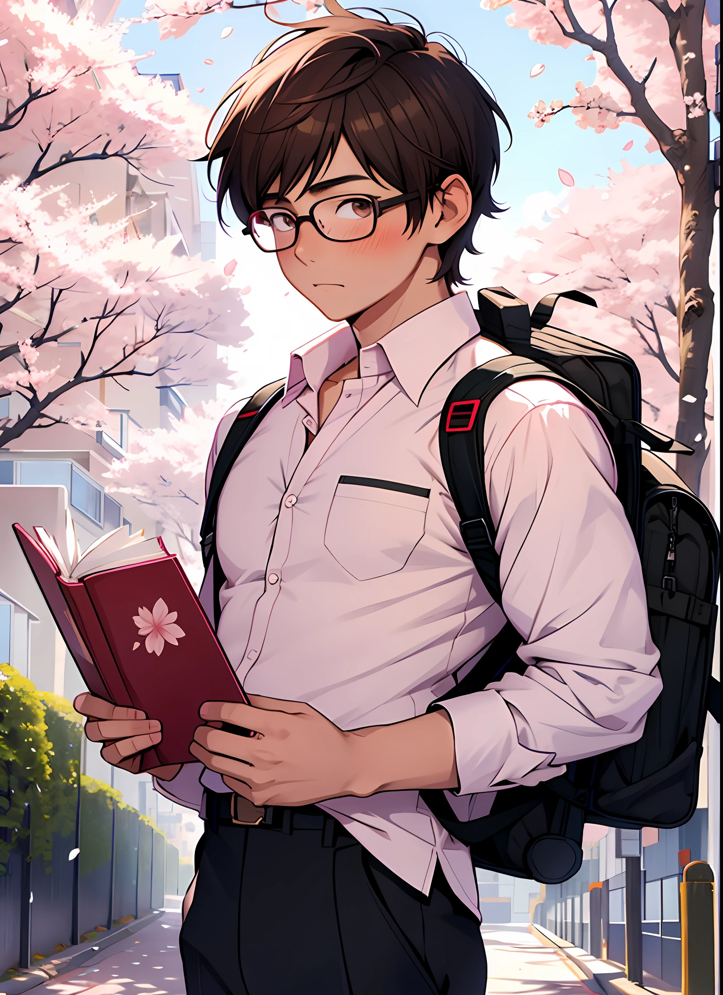 1boy , muscular,short hair,glasses,blush, brown eyes, ((masterpiece, best quality)) , outdoors, school,school uniform,pants, looking at viewer, cherry blossoms, open shirt, holding book,backpack, depth of field,
