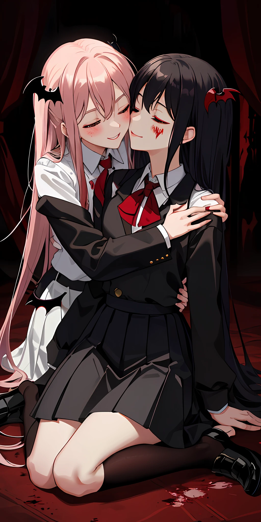 masterpiece, best quality, highres, 2girls, yuri, kiss,gorgeous, (vampire:1.15), (red shimmering eyes:1.1), black and white gothic casual dressing, (inside vip club section:1.1), blood stains on lips and cheek, evil smile, mischievous eyes, (best quality, masterpiece1.2), blood, horror, blood splatter, unique, experimental, original, colorful,blush, closed eyes, school uniform, (groping),