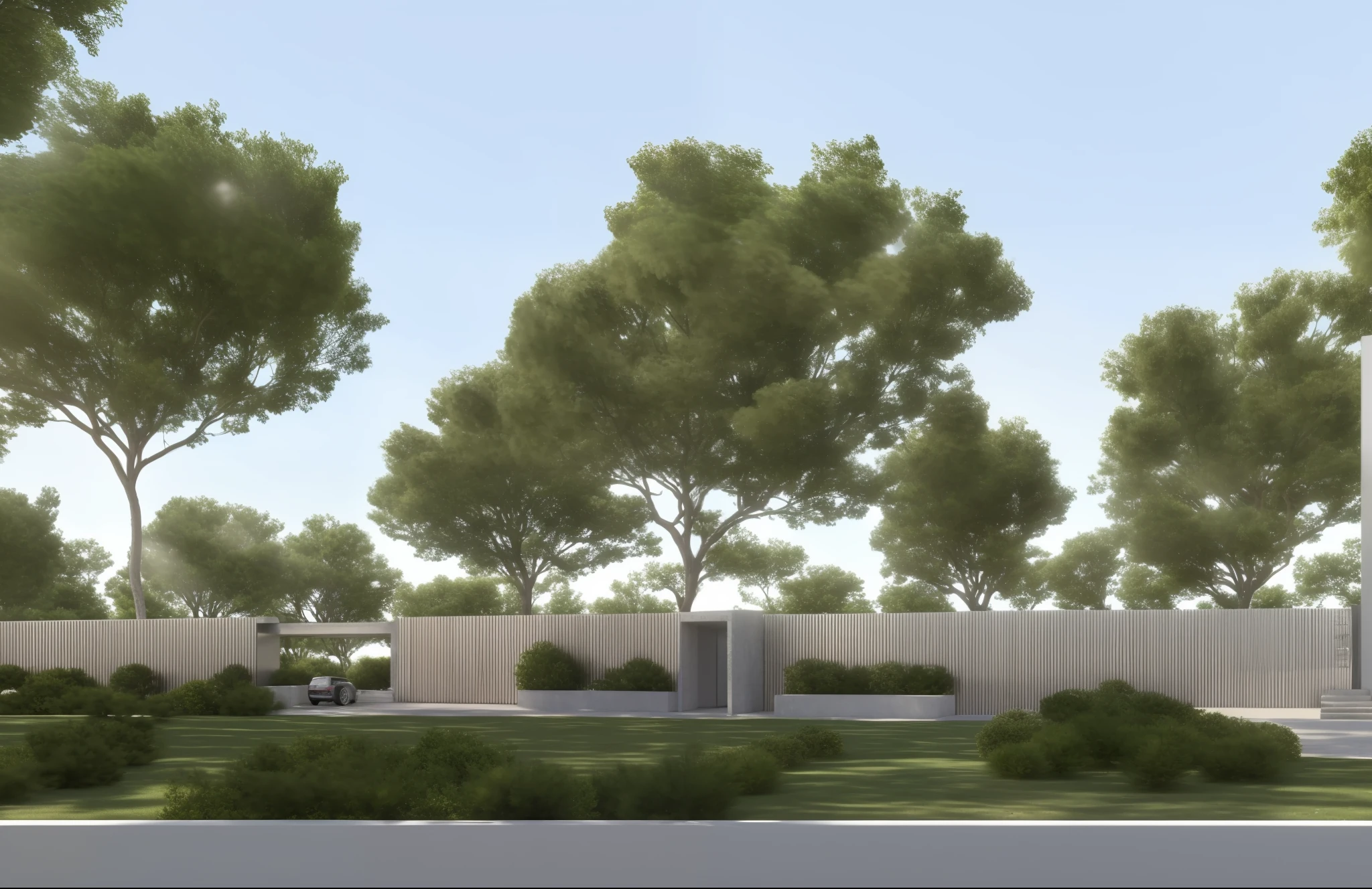 (masterpiece),(high quality), best quality, real,(realistic), super detailed, (full detail),(4k),8k,outdoors,gate,tree, exterior, a long gate of park, sky background,  on top of the main gate has a concrete roof, modern style, simple lines, tadao ando architect style